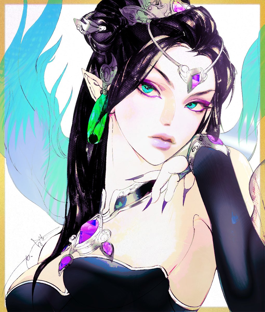 1girl alternate_costume bare_shoulders black_sleeves blue_wings border breasts brooch cleavage detached_sleeves earrings english_commentary expressionless eyelashes eyeliner eyeshadow fingernails gem green_eyes hair_bun hair_ornament hand_on_own_cheek hand_on_own_face head_tilt highres jewelry jian_tai_(cuoyu0) large_breasts league_of_legends lipstick long_hair looking_at_viewer majestic_empress_morgana makeup morgana_(league_of_legends) official_alternate_costume orange_border parted_bangs pointy_ears purple_brooch purple_eyeshadow purple_gemstone purple_hair purple_lips purple_nails sharp_fingernails signature simple_background single_hair_bun solo white_background wings