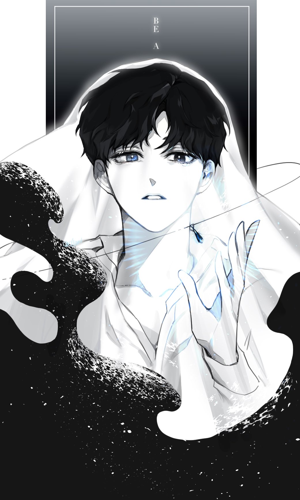 1boy blue_eyes c0pat collarbone eoduun_badaui_deungbul-i_doeeo hand_up heterochromia highres hood hood_up long_sleeves looking_at_viewer male_focus monochrome park_moo-hyun parted_lips short_hair solo spot_color upper_body