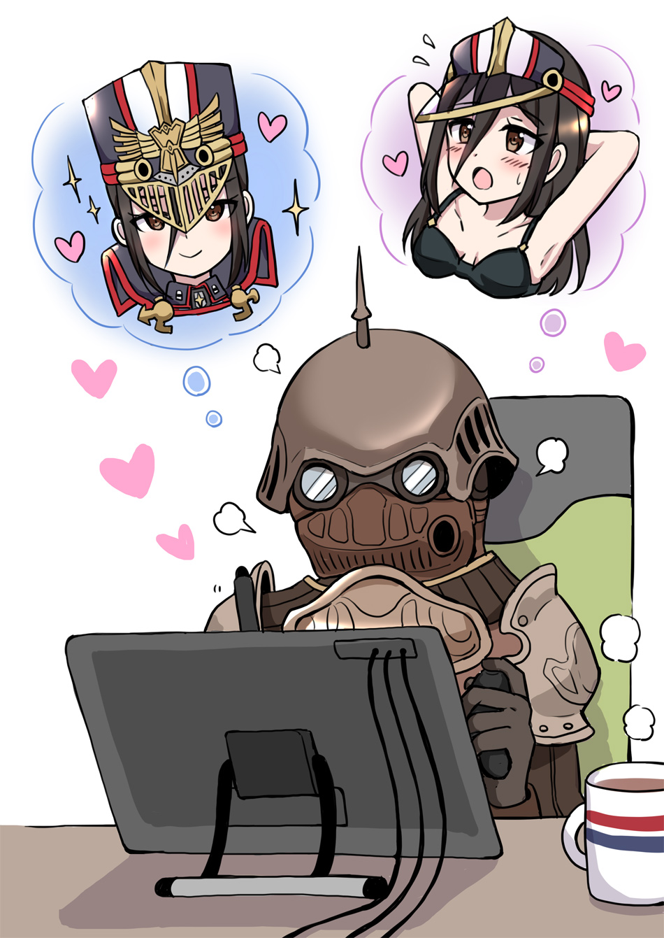1boy 1girl :o ardainian_soldier armor armpits arms_behind_head black_one-piece_swimsuit breasts brown_eyes brown_hair chair cleavage closed_mouth coffee cup heart helmet highres holding holding_stylus kurume_sml looking_at_viewer military military_uniform morag_ladair_(obligatory_leave)_(xenoblade) morag_ladair_(xenoblade) mug multiple_views one-piece_swimsuit open_mouth pauldrons shoulder_armor simple_background smile stylus swimsuit table tablet_pc thought_bubble uniform white_background xenoblade_chronicles_(series) xenoblade_chronicles_2