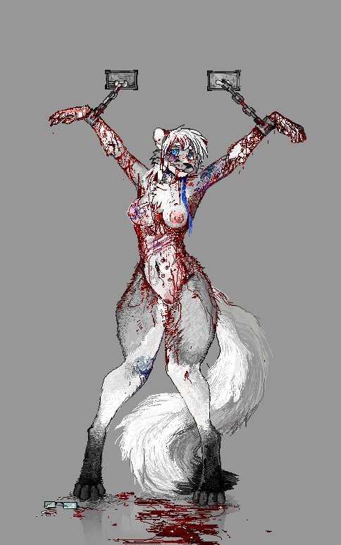 anthro blood bodily_fluids breasts captured chain cuff_(restraint) female gore handcuffs jeffusherb metal_cuffs restraints solo