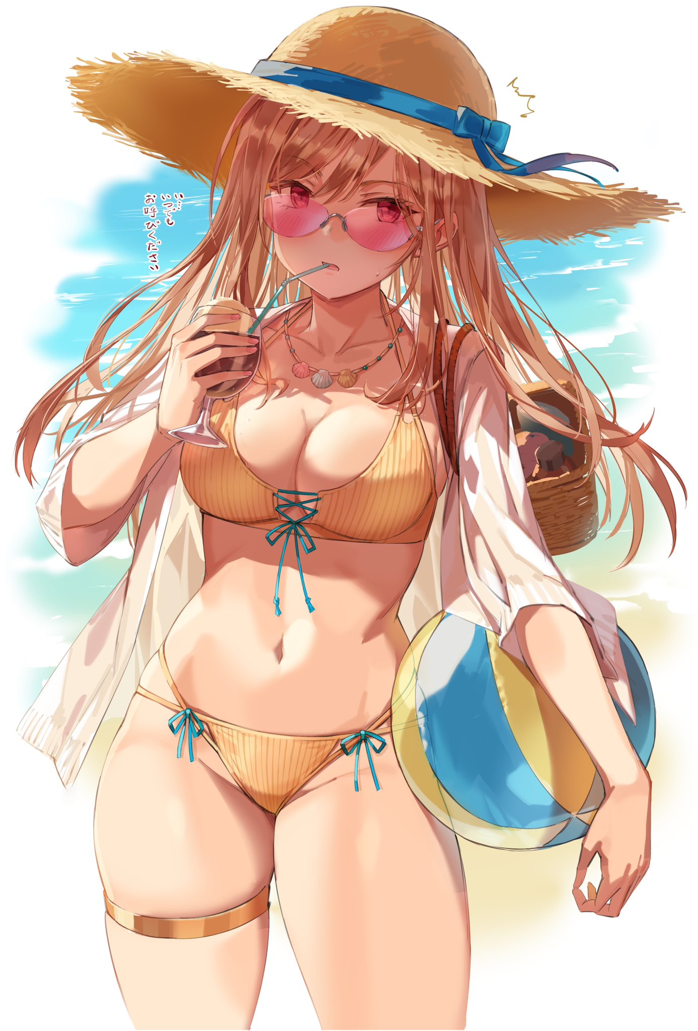 1girl bag ball bikini blue_ribbon blue_sky breasts cloud cup day drinking drinking_straw goddess_of_victory:_nikke hat highres holding holding_ball jewelry light_brown_hair looking_at_viewer michairu navel necklace ocean open_clothes open_mouth open_shirt outdoors pool poolside rapi_(nikke) red_eyes ribbon shirt sky solo straw_hat sunglasses swimsuit thigh_strap thighs