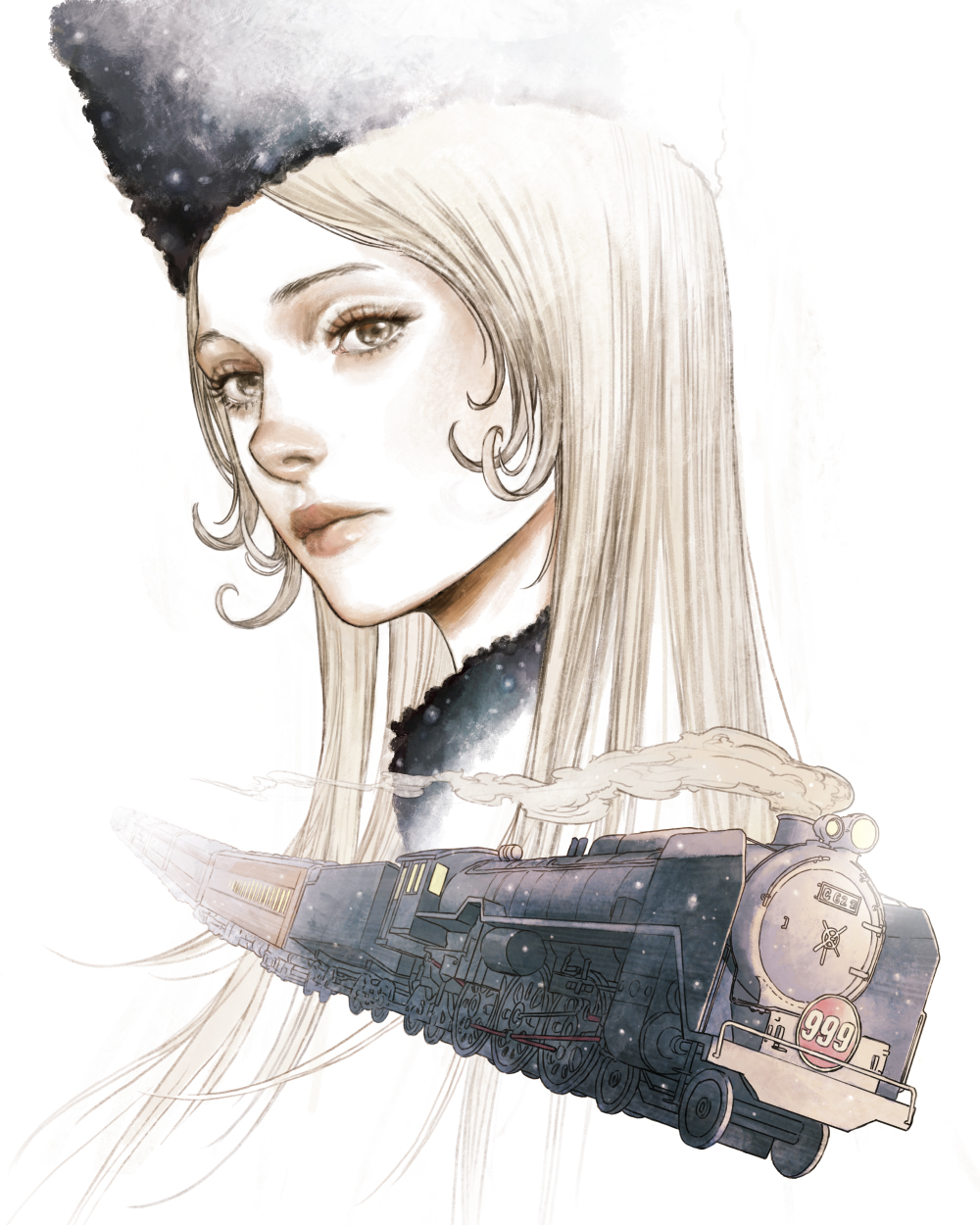 1girl blonde_hair close-up english_commentary fur_coat fur_hat ginga_tetsudou_999 ground_vehicle hat highres locomotive long_hair looking_at_viewer maetel smoke space_train steam_locomotive tahra three-nine_(space_train) train white_background