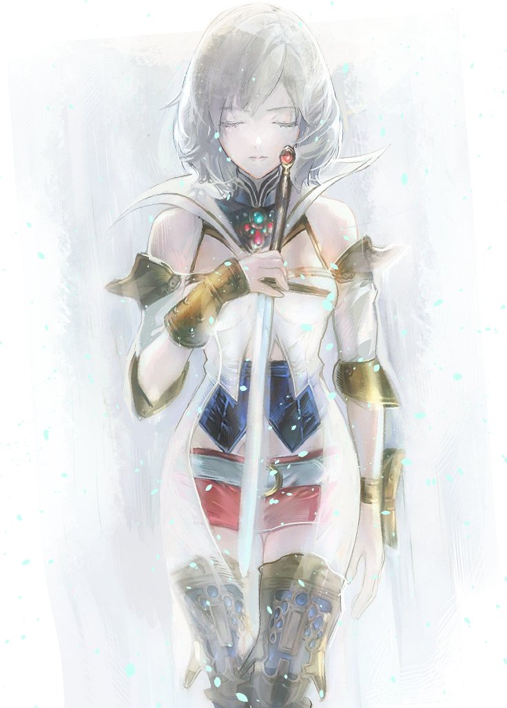 1girl armor ashelia_b'nargin_dalmasca belt blonde_hair breasts closed_mouth cofffee detached_sleeves final_fantasy final_fantasy_xii holding holding_sword holding_weapon miniskirt short_hair skirt solo sword thighhighs weapon white_background