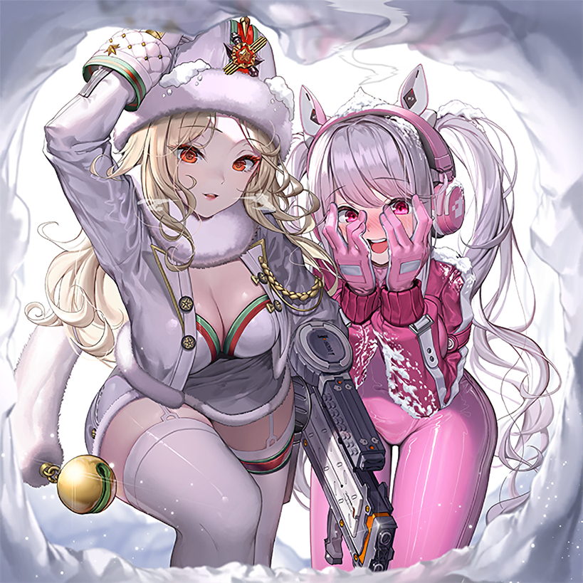 2girls alice_(nikke) animal bad_anatomy blonde_hair blush bodysuit breasts buttons cleavage covered_navel covering_face detached_sleeves dress embarrassed fingerless_gloves fingernails fur_collar fur_hat fur_trim game_cg garter_straps gloves goddess_of_victory:_nikke gold_trim hand_on_own_face hand_on_own_hip hat head_tilt headpat headphones headset holding holding_weapon jacket long_hair long_sleeves ludmilla_(nikke) medium_breasts multiple_girls non-web_source official_art open_clothes open_jacket open_mouth orange_hair pink_bodysuit pink_hair pink_headphones rabbit shiny_clothes shiny_skin short_dress shrug_(clothing) skin_tight smile snow snow_on_head teeth thighhighs turtleneck twintails upper_teeth_only ushanka weapon white_dress zettai_ryouiki
