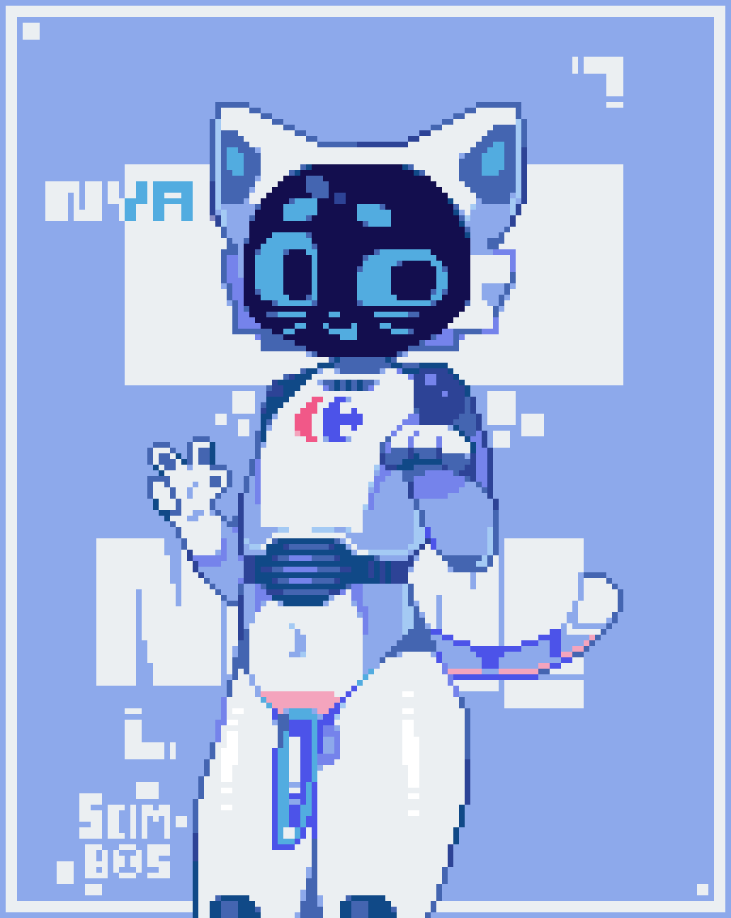 anthro blue_eyes border digital_media_(artwork) domestic_cat eyebrows felid feline felis flaccid for_a_head genitals gesture glistening glistening_genitalia glistening_penis hi_res machine male mammal markings multicolored_body nya object_head penis pixel_(artwork) pixelated robot scimbos screen screen_face screen_head segmented_body solo symbol tail tail_markings text translucent translucent_penis two_tone_body v_sign whiskers white_body white_skin