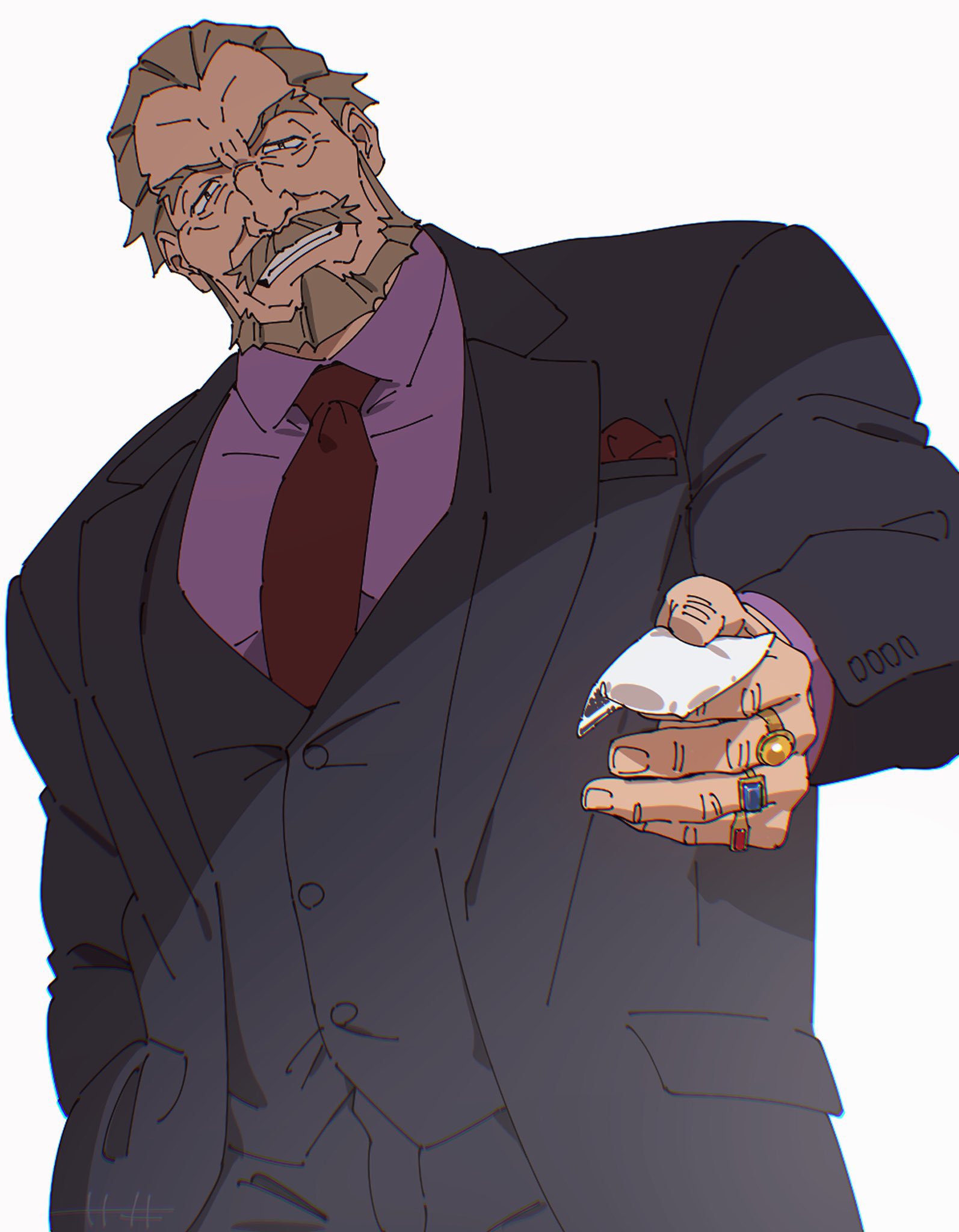 1boy bara beard beckoning black_suit business_suit cocaine drugs eddie_cassano facial_hair forked_eyebrows great_pretender hand_in_pocket handkerchief highres jewelry looking_at_viewer male_focus multiple_rings mustache necktie old old_man outstretched_hand pink_shirt red_necktie ring sa1k0p shirt solo suit thick_eyebrows thick_mustache upper_body white_background wrinkled_skin