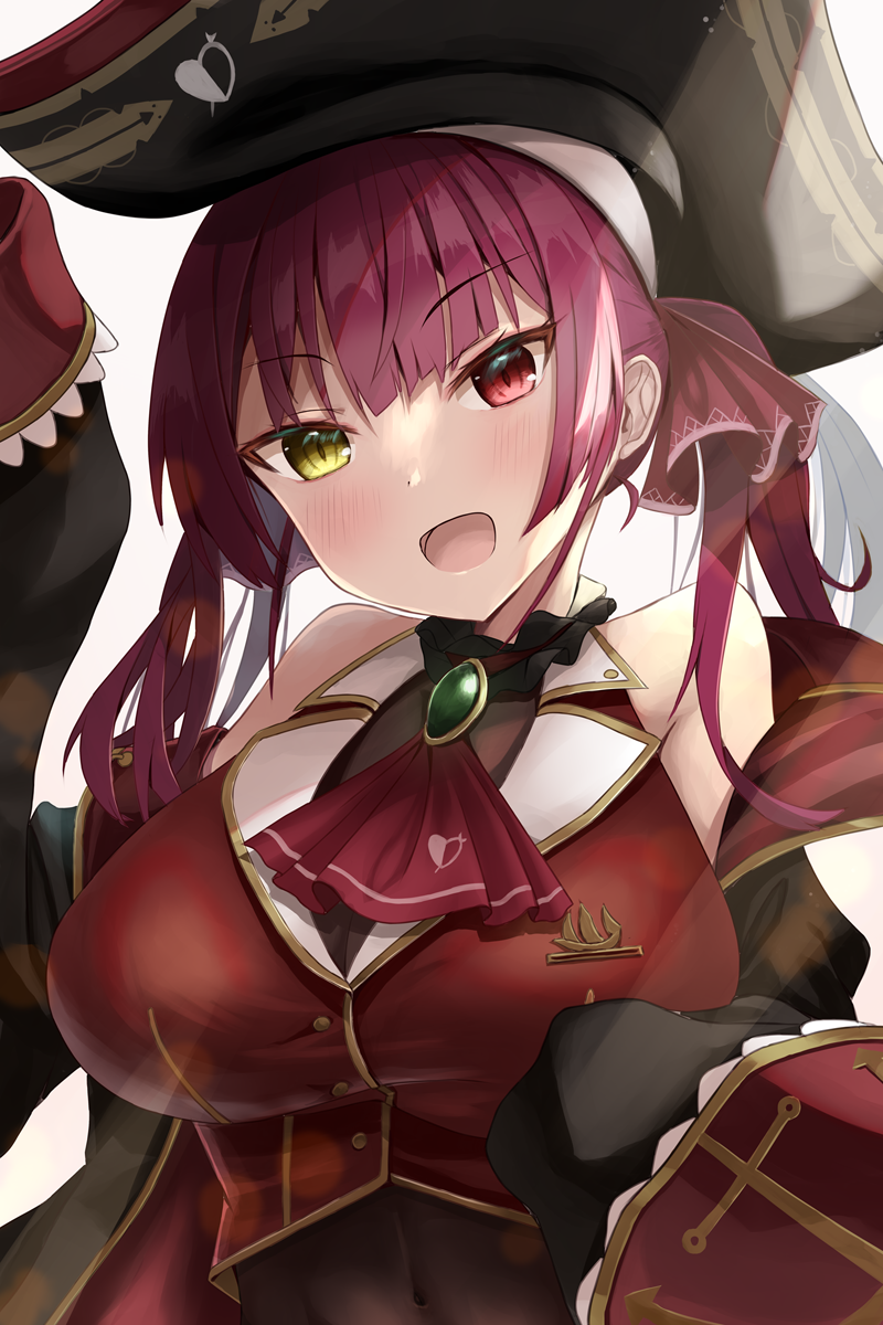 1girl arrow_through_heart ascot bicorne black_choker black_coat black_headwear black_leotard breasts choker cleavage coat covered_navel cropped_jacket frilled_choker frills hair_ornament hair_ribbon hat heterochromia highres hololive houshou_marine houshou_marine_(1st_costume) jacket large_breasts leotard leotard_under_clothes long_hair long_sleeves looking_at_viewer navel open_mouth pirate_hat red_ascot red_coat red_eyes red_jacket red_ribbon regress ribbon sleeveless sleeveless_jacket sleeves_past_fingers sleeves_past_wrists smile solo twintails two-sided_coat two-sided_fabric virtual_youtuber yellow_eyes