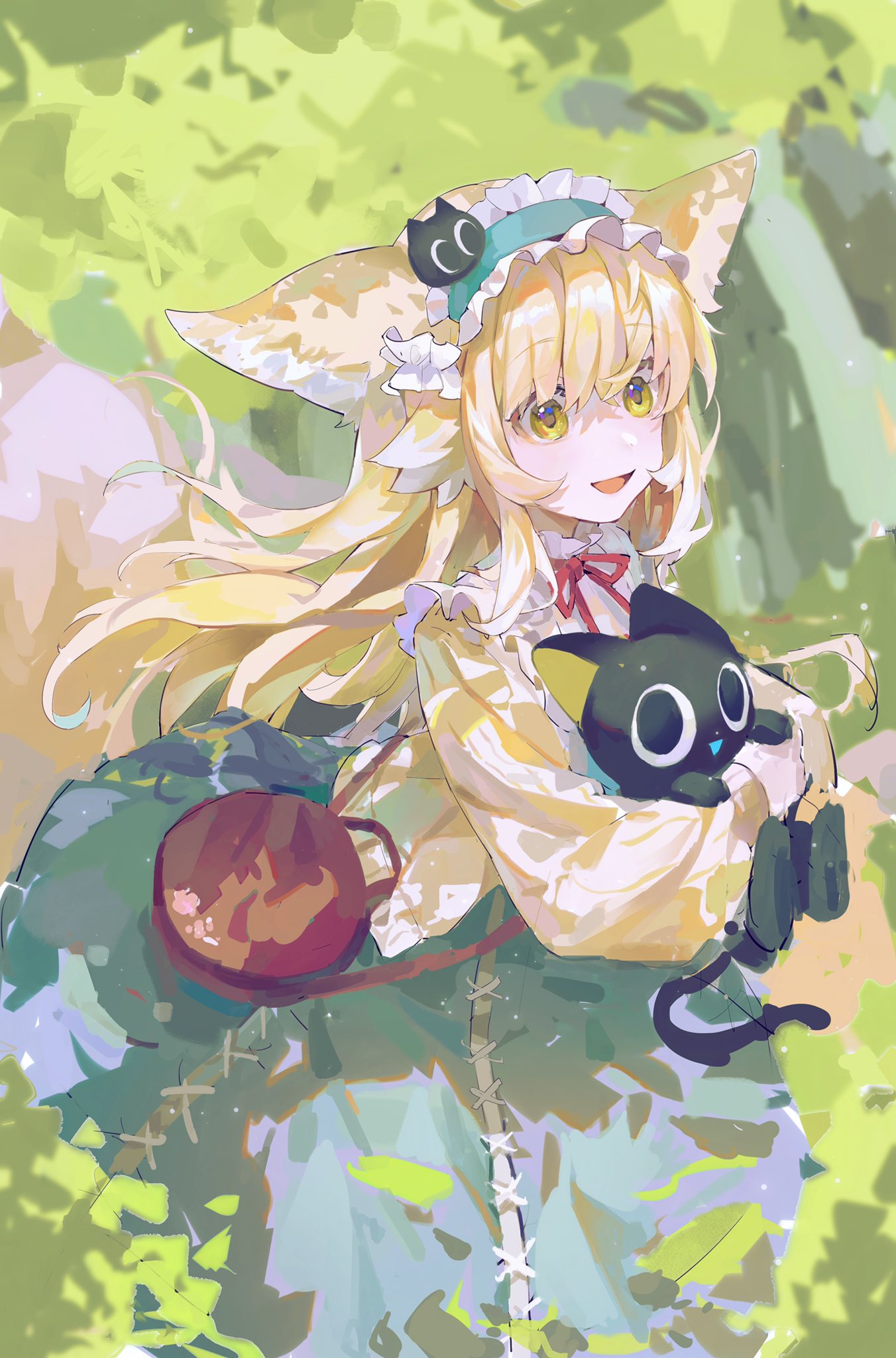 1girl animal_ears arknights bag black_cat blonde_hair blue_hairband blue_skirt brown_bag cardigan cat commentary fox_ears fox_girl frilled_hairband frills hair_ornament hair_scrunchie hairband handbag heixiu highres holding long_hair long_sleeves luoxiaohei multicolored_hair neck_ribbon official_alternate_costume on_head open_cardigan open_clothes open_mouth outdoors puffy_long_sleeves puffy_sleeves qiuchi red_ribbon ribbon scrunchie shirt shoulder_bag skirt stitches suzuran_(arknights) suzuran_(spring_praise)_(arknights) the_legend_of_luo_xiaohei two-tone_hair white_hair white_shirt yellow_cardigan yellow_eyes