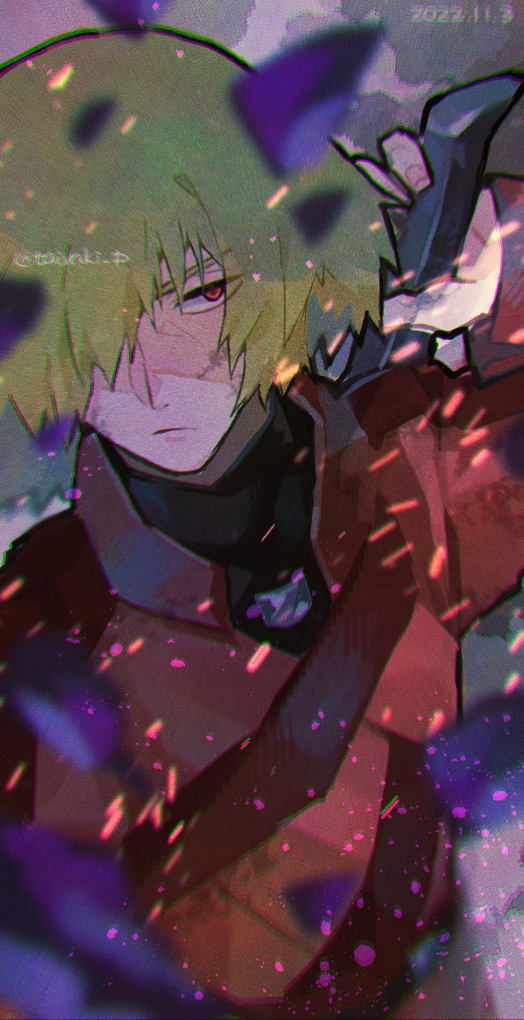 1boy blonde_hair chromatic_aberration closed_mouth coat dated debris doradorakingyo embers fighting_stance fingernails frown hair_over_one_eye kyuzo_(samurai_7) looking_to_the_side male_focus ready_to_draw red_coat red_eyes samurai_7 scar scar_on_face short_hair solo twitter_username