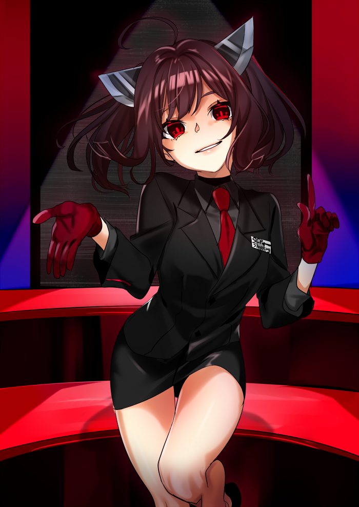 1girl ahoge alternate_costume black_shirt black_suit blade copyright_name floating_hair foot_out_of_frame gloves grin hair_intakes headgear index_finger_raised long_sleeves looking_at_viewer medium_hair miniskirt name_tag necktie open_hand pencil_skirt red_eyes red_gloves red_necktie scp_foundation shirt short_twintails skirt skirt_suit smile solo spotlight standing standing_on_one_leg suit touhoku_kiritan twintails voiceroid yodare_(3yami8)