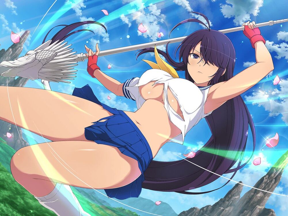 1girl antenna_hair blue_sky breasts cloud day falling_petals fingerless_gloves gloves guan_dao hair_over_one_eye holding holding_polearm holding_weapon ikkitousen kan'u_unchou large_breasts leg_warmers long_hair looking_at_viewer low-tied_long_hair mountain mountainous_horizon navel official_art petals polearm purple_hair red_gloves school_uniform senran_kagura senran_kagura_new_link shirt skirt sky solo tan torn_clothes torn_shirt torn_skirt underboob very_long_hair weapon yaegashi_nan