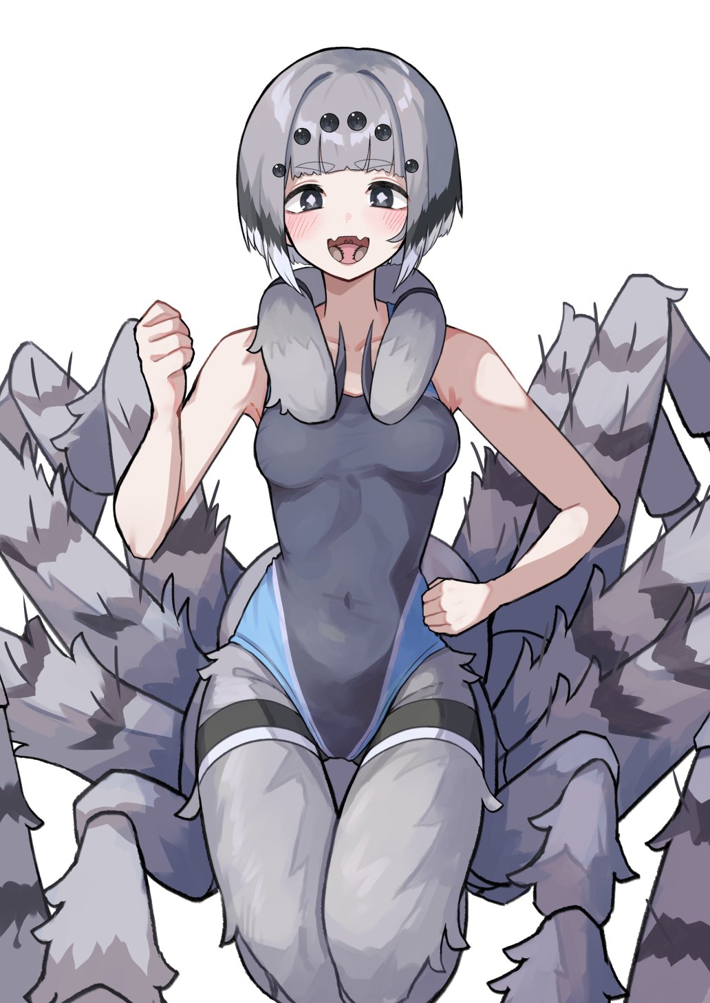 +_+ 1girl :d arachne arthropod_girl bare_arms bare_shoulders black_eyes black_hair blunt_bangs breasts clenched_hands collarbone commentary_request covered_navel fangs grey_fur grey_hair hand_on_own_hip highres light_blush looking_at_viewer mandibles medium_breasts monster_girl multicolored_hair one-piece_swimsuit open_mouth original plan_(planhaplalan) short_hair simple_background skin_fangs smile solo spider_girl swimsuit taur thigh_gap white_background white_hair