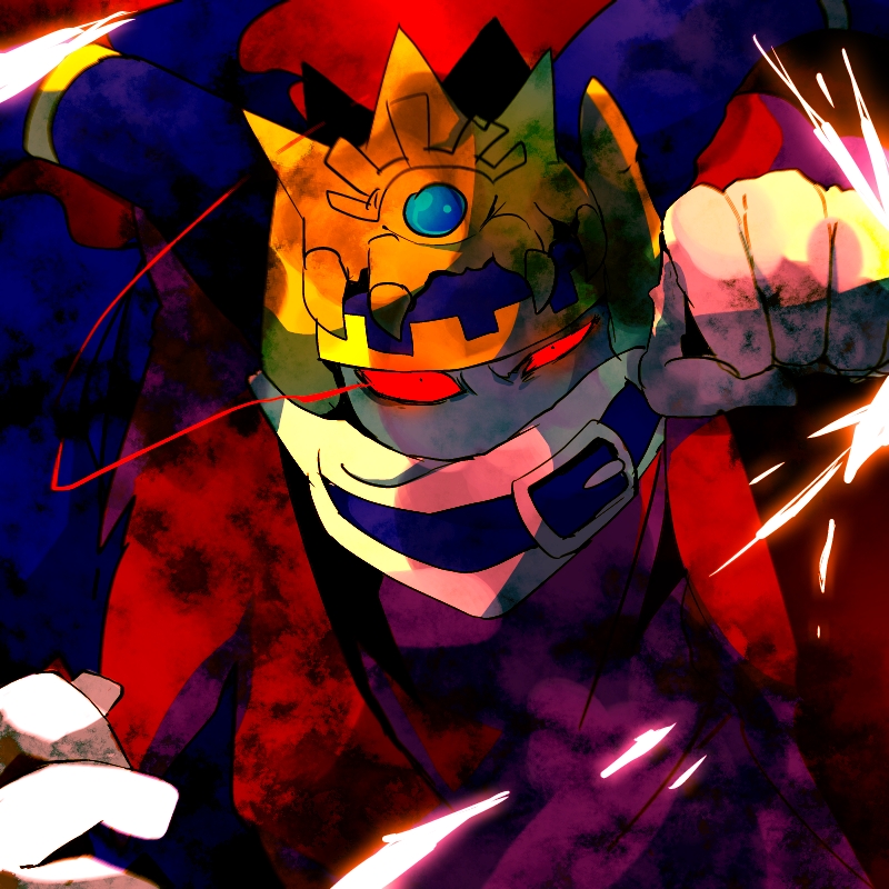 angry belt belt_buckle belt_collar black_eyes blue_belt blue_horns buckle clenched_hand cloak collar colored_sclera commentary_request covered_mouth crown disembodied_limb gloves glowing glowing_eye horns kirby_(series) large_horns magolor master_crown no_humans purple_cloak red_background red_sclera scarf shirushiki shockwave solo white_gloves white_scarf wide-eyed yellow_headwear