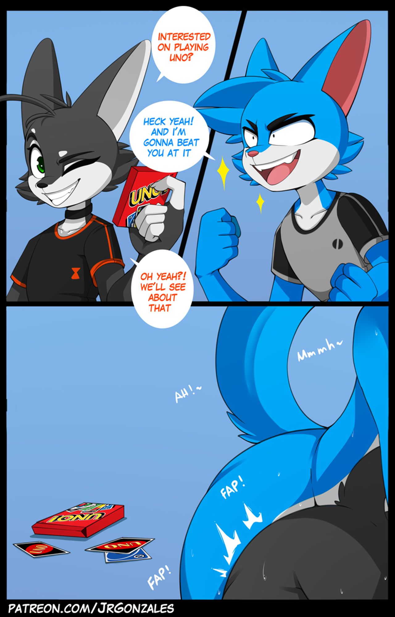 3_panel_comic anal anal_penetration anthro anthro_on_anthro anthro_penetrated anthro_penetrating anthro_penetrating_anthro black_border blue_background blue_body blue_fur border canid canine cheek_tuft clothing collar dialogue doggystyle domestic_cat duo english_text facial_tuft fangs felid feline felis fox from_behind_position fur grey_body grey_fur half-closed_eyes hi_res humor hybrid jay-r jay-r_(character) male male/male male_penetrated male_penetrating male_penetrating_male mammal multicolored_body multicolored_fur narrowed_eyes nude one_eye_closed open_mouth open_smile page_(jay-r) penetration penile penile_penetration penis_in_ass sex shirt simple_background smile sound_effects speech_bubble t-shirt teeth text topwear tuft two_tone_body two_tone_fur uno white_body white_fur wide_eyed wink