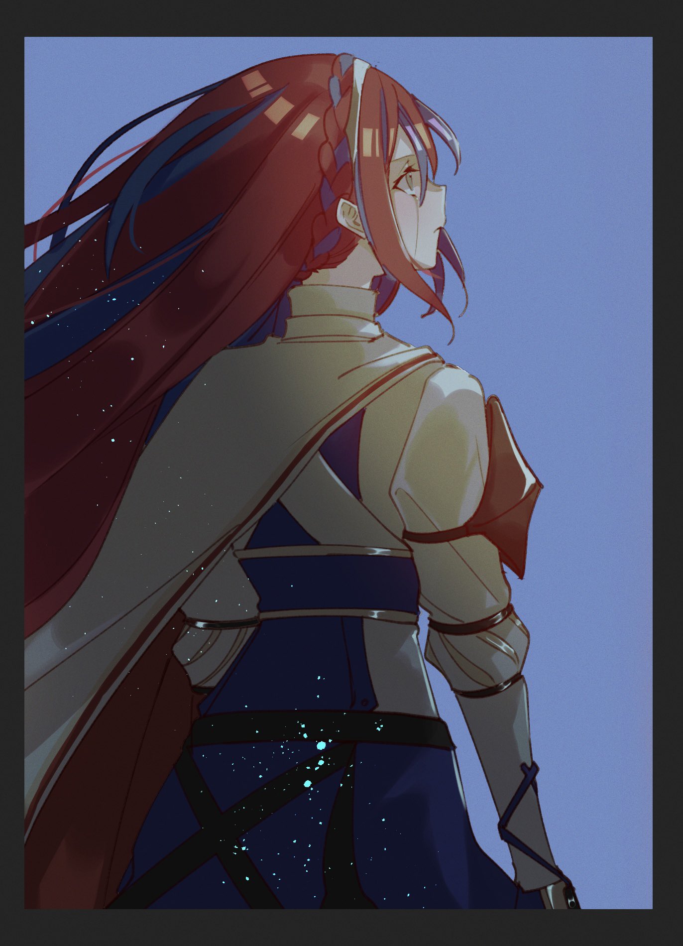 1girl alear_(female)_(fire_emblem) alear_(fire_emblem) blue_background blue_hair cape crying fire_emblem fire_emblem_engage hair_between_eyes highres illust_mi long_hair long_sleeves looking_to_the_side multicolored_hair red_hair simple_background skirt solo tears two-tone_hair