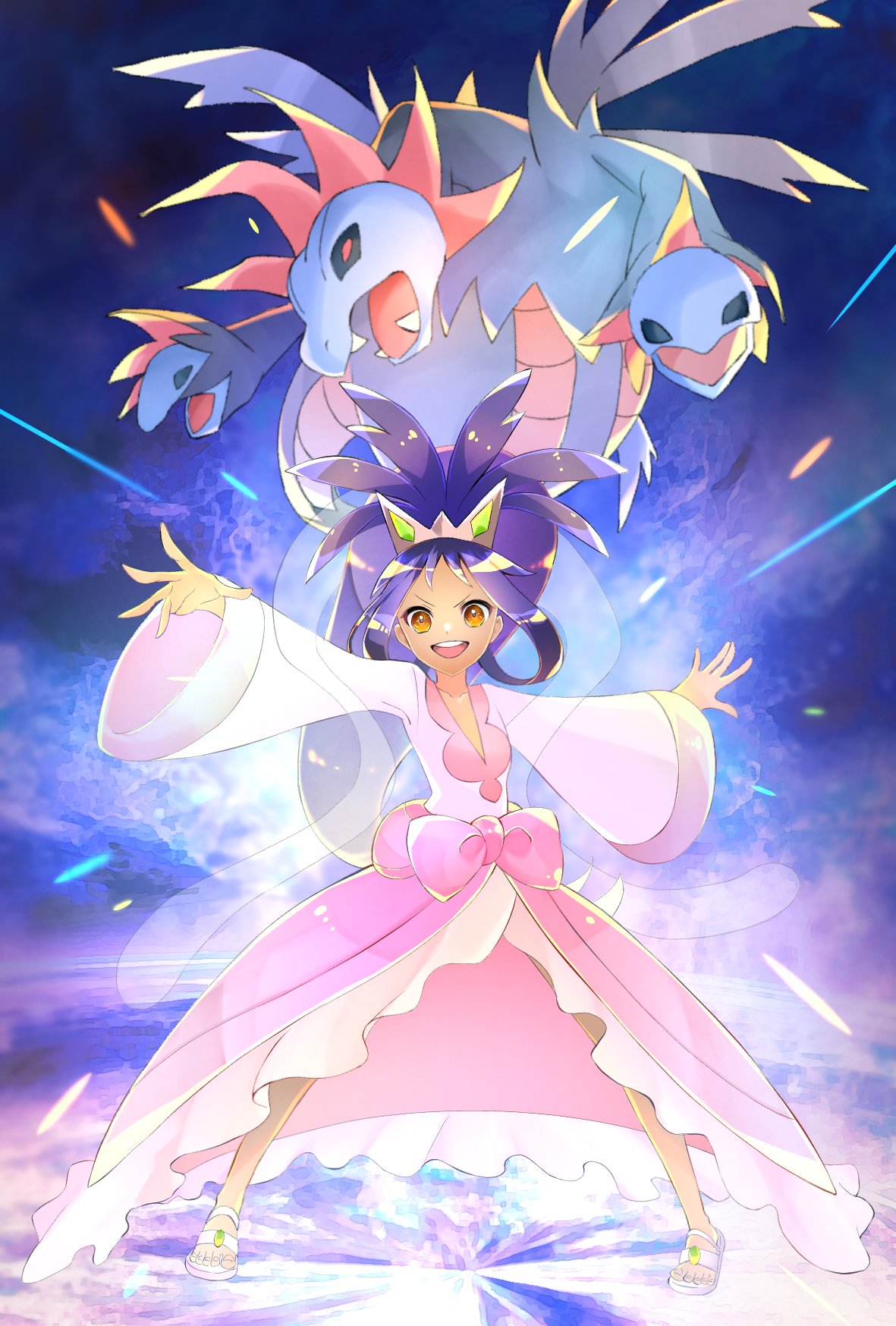 1girl :d brown_eyes commentary_request highres hydreigon iris_(pokemon) legs_apart long_hair long_sleeves open_mouth outstretched_arms pink_skirt pokemon pokemon_(creature) pokemon_(game) pokemon_bw2 purple_hair sandals shirt skirt smile standing teeth tiara upper_teeth_only v-neck wafu_pkmn white_footwear wide_sleeves