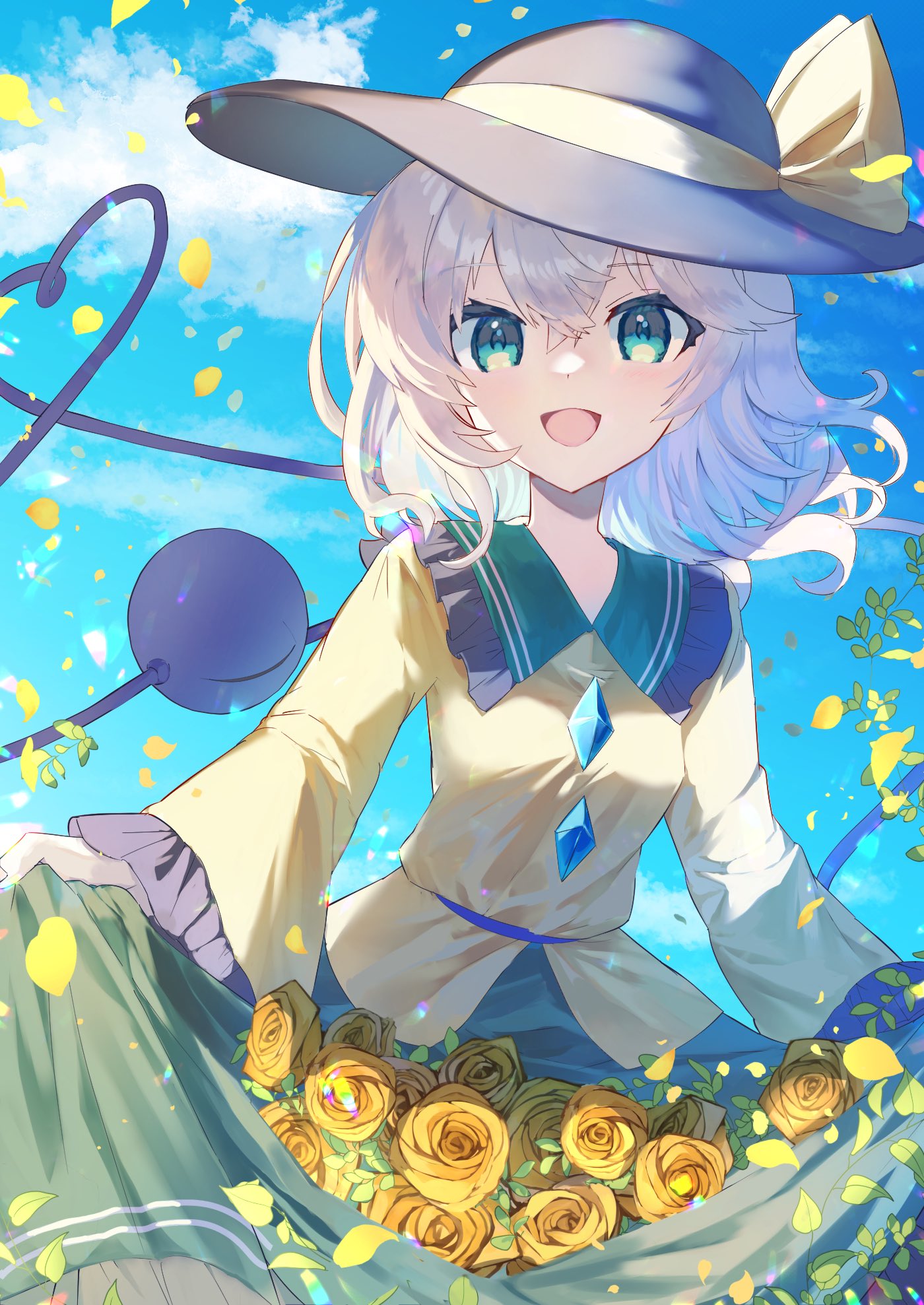 1girl black_headwear blue_sky cloud commentary flower green_eyes green_skirt hat hat_ribbon heart heart_of_string highres koishi_day komeiji_koishi long_sleeves looking_at_viewer open_mouth outdoors ribbon short_hair skirt skirt_basket sky smile solo third_eye touhou tsukikusa white_hair yellow_flower yellow_ribbon