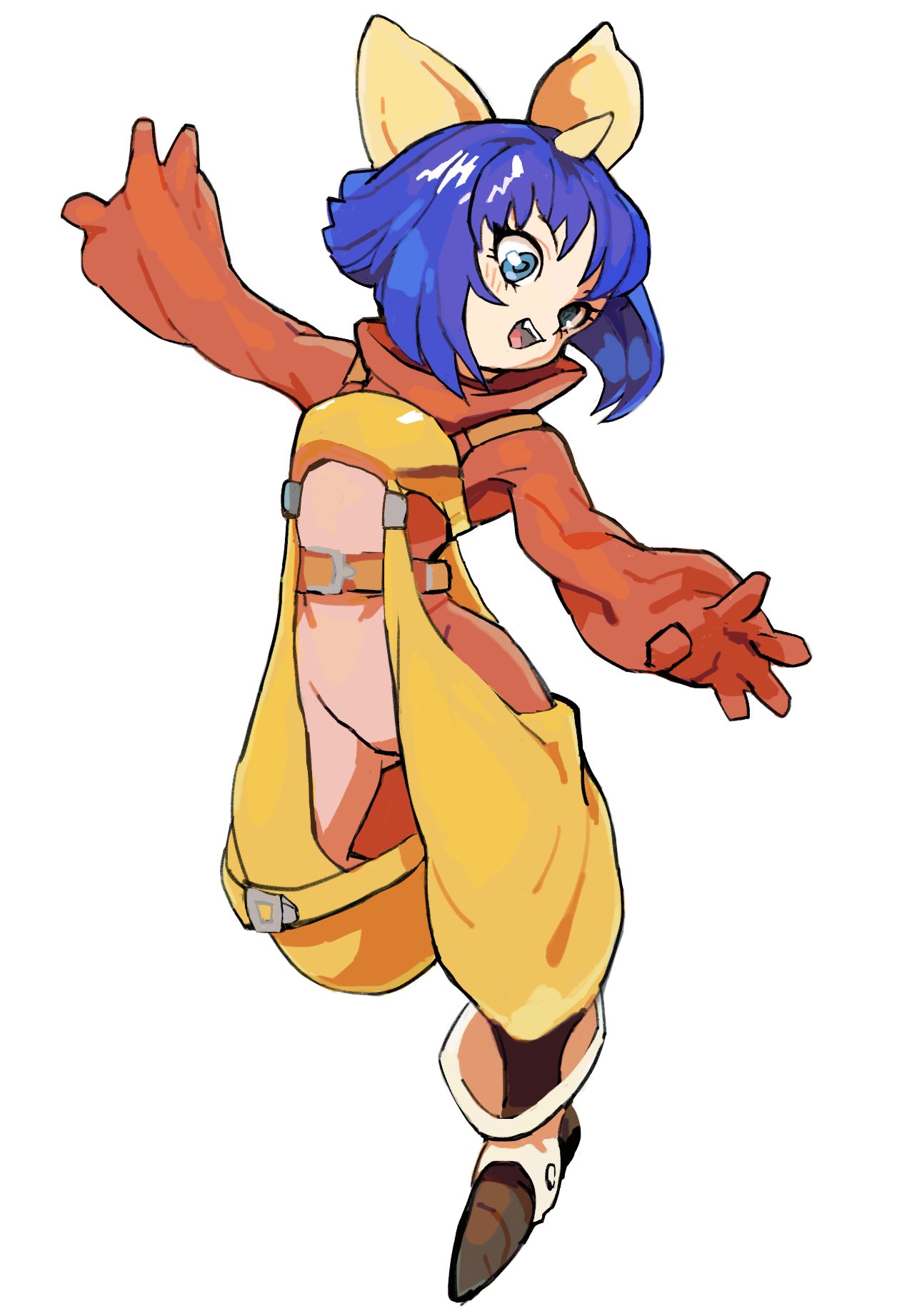 1girl blue_eyes blue_hair bodysuit bow eiko_carol final_fantasy final_fantasy_ix full_body gan2 gloves hair_bow highres horns open_mouth short_hair simple_background single_horn smile solo white_background yellow_bow