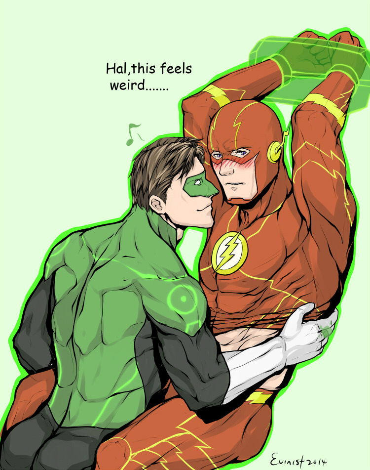 2boys artist_name ass bara barry_allen black_bodysuit blush bodysuit bound bound_wrists brown_hair closed_mouth dc_comics domino_mask english_text evinist gloves green_bodysuit green_lantern green_lantern_(series) hal_jordan jewelry large_pectorals looking_at_another male_focus mask multiple_boys muscular muscular_male pectorals red_bodysuit restrained ring short_hair simple_background smile the_flash the_flash_(series) white_gloves yaoi