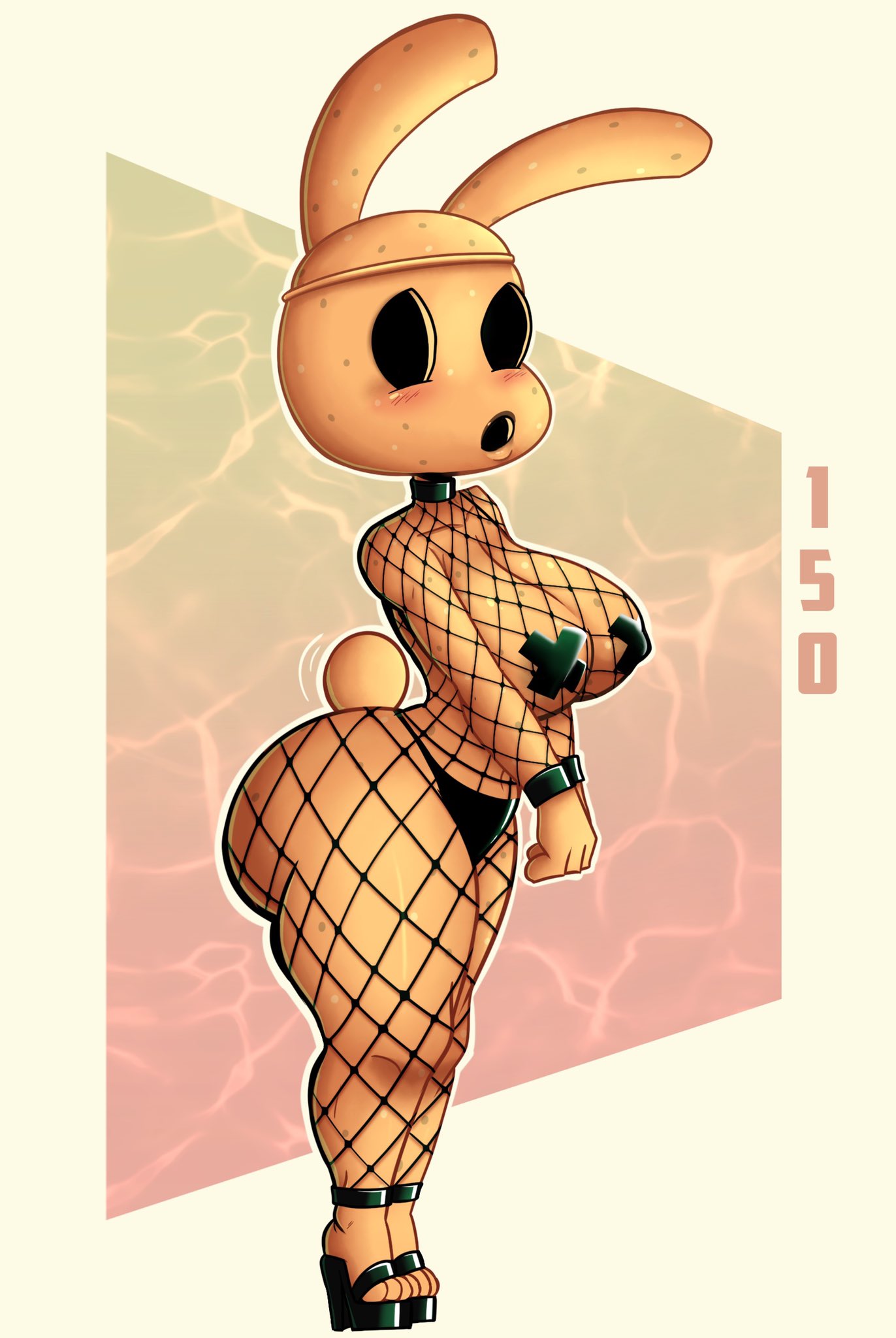 animal_crossing animate_inanimate anthro big_breasts big_butt black_clothing black_eyes black_footwear black_panties black_shoes black_underwear blush blush_lines breasts butt clothing coco_(animal_crossing) cotton_tail empty_eyes female fishnet_bodysuit fishnet_clothing footwear green_background gyroid hi_res huge_breasts huge_butt hybrid lagomorph leporid looking_at_viewer mammal navel nintendo open_mouth panties pasties pink_background rabbit raccoon_sama simple_background solo thick_thighs underwear white_background wide_hips