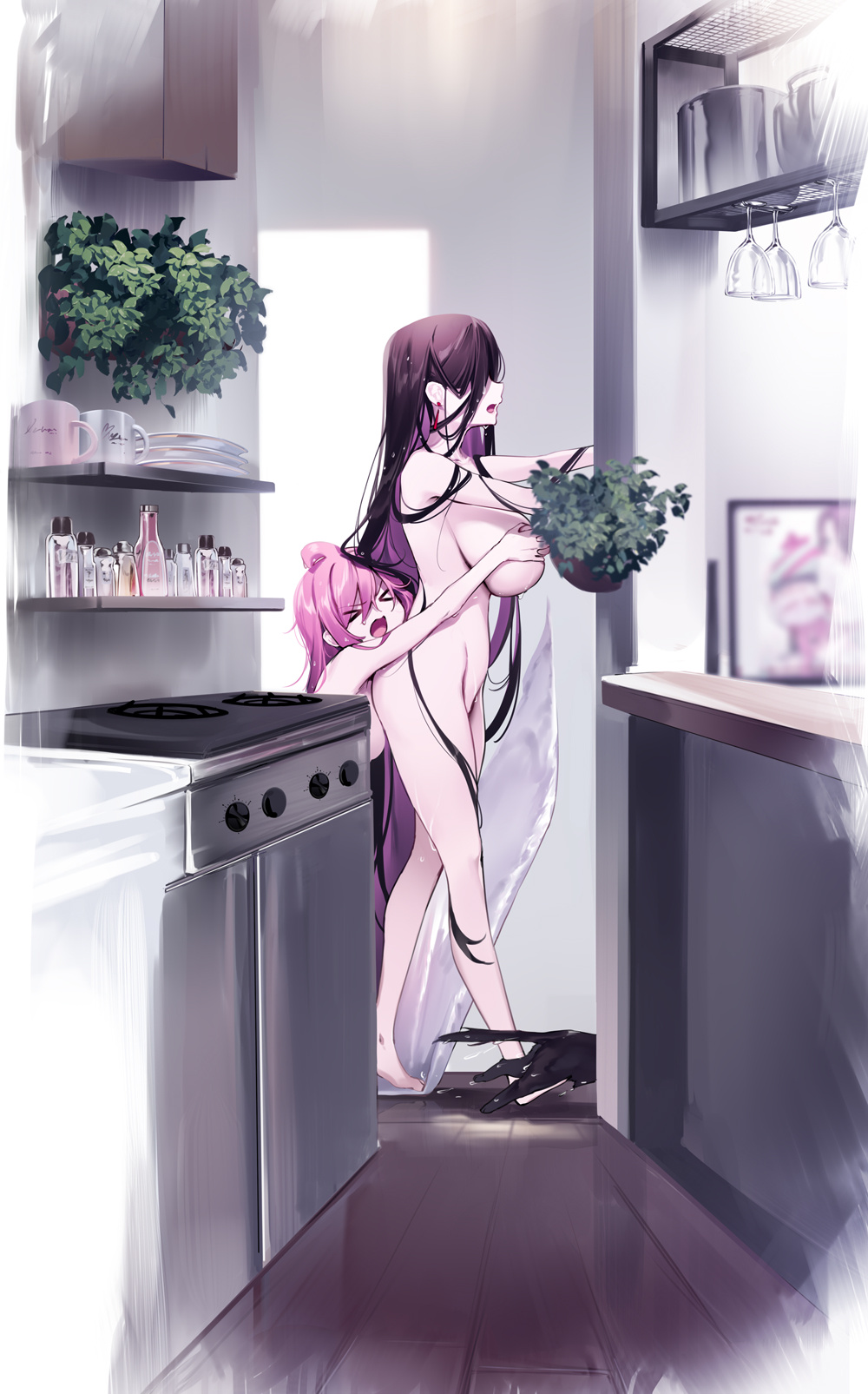 &gt;_&lt; 2girls ahoge bottle breasts brown_hair cat colored_inner_hair completely_nude covering_another's_breasts cup drinking_glass earrings highres huge_breasts indoors jewelry kitchen long_hair multicolored_hair multiple_girls nude open_mouth original oven pink_hair plant potted_plant very_long_hair walking yaguo