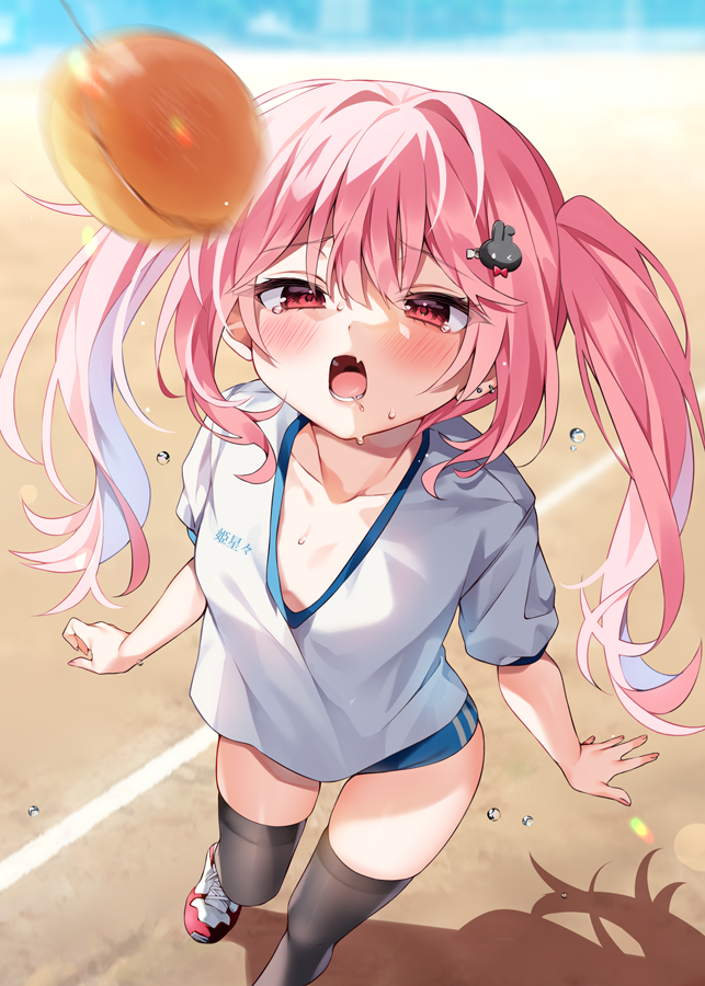 1girl black_thighhighs blue_buruma blush breasts buruma chihiro_(khorosho) cleavage ear_piercing from_above hair_ornament hairclip industrial_piercing long_hair looking_at_viewer open_mouth original piercing pink_hair red_eyes shirt small_breasts solo sportswear thighhighs twintails white_shirt