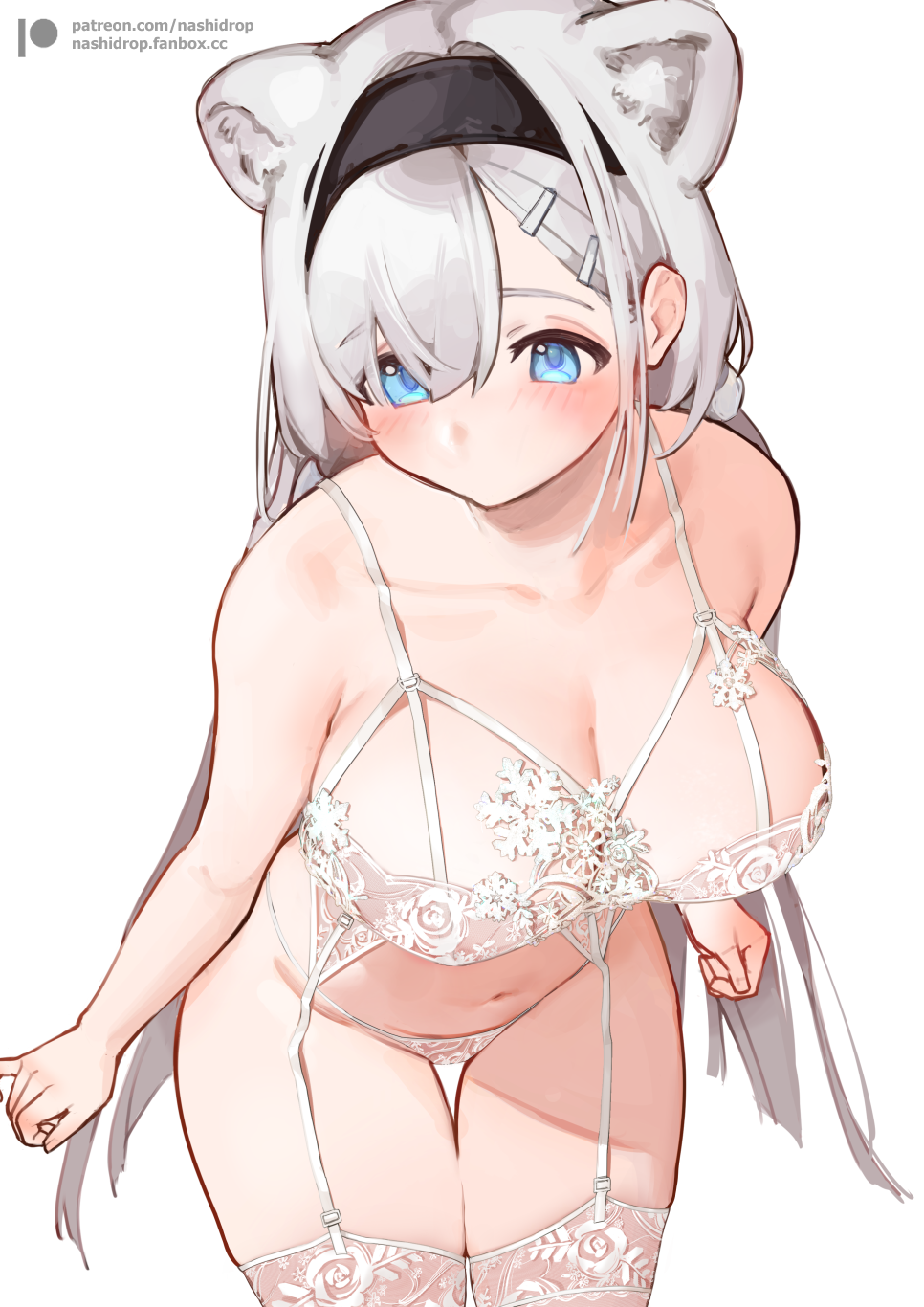 1girl animal_ears arknights aurora_(arknights) bare_shoulders bear_ears black_hairband blue_eyes bra breasts cleavage collarbone garter_belt hair_over_one_eye hairband highres lace lace-trimmed_bra lace-trimmed_panties lace_trim large_breasts leaning_forward lingerie long_hair nashidrop navel panties solo thigh_gap thighhighs thighs underwear underwear_only very_long_hair white_bra white_hair