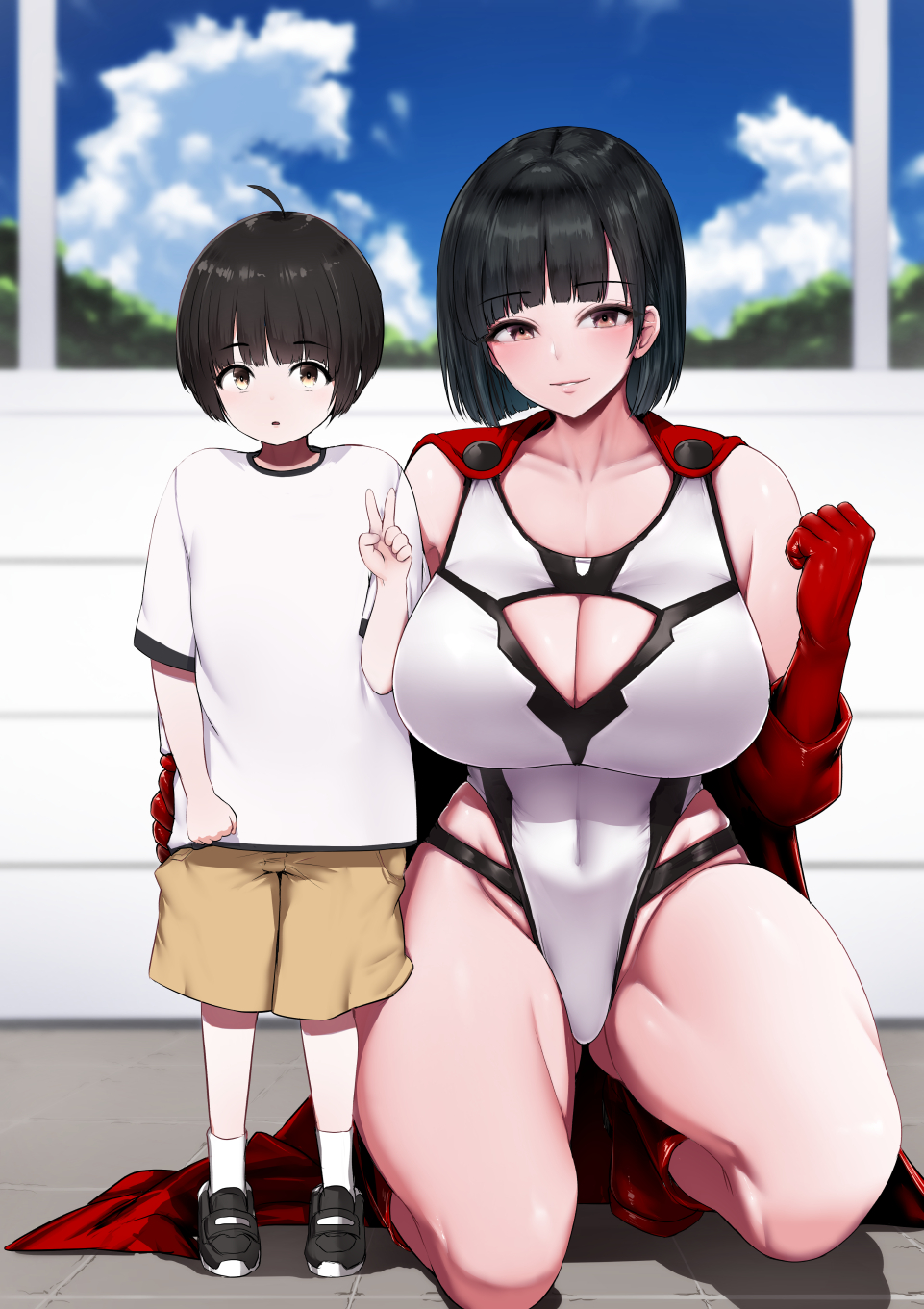 1boy 1girl black_hair blunt_bangs breasts brown_eyes cleavage_cutout clothing_cutout highleg highleg_leotard highres ishimiso_(ishimura) large_breasts leotard looking_at_viewer male_child original short_hair smile thong_leotard