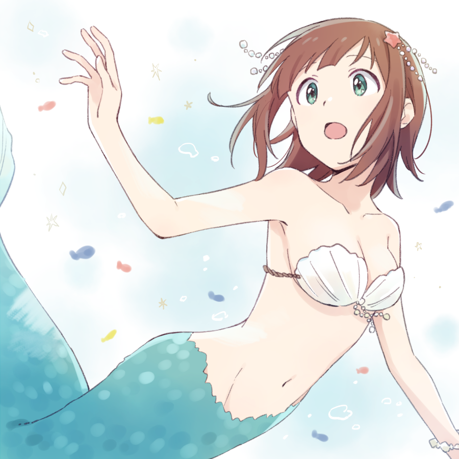 1girl air_bubble amami_haruka arm_up bare_shoulders bikini bikini_top_only breasts brown_hair bubble cleavage collarbone demirinz fish green_eyes hair_ornament idolmaster idolmaster_(classic) idolmaster_million_live! idolmaster_million_live!_theater_days looking_at_another medium_breasts mermaid monster_girl navel open_hand open_mouth shell shell_bikini short_hair solo star_(symbol) star_hair_ornament submerged swimsuit water white_bracelet