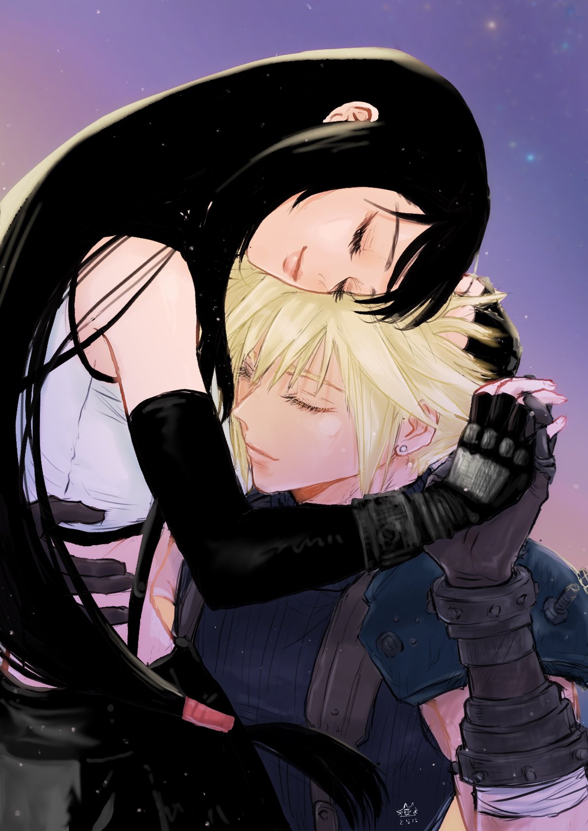1boy 1girl armor bare_shoulders black_gloves black_skirt blonde_hair blue_sweater closed_eyes closed_mouth cloud_strife commentary_request couple crop_top earrings elbow_gloves eyelashes final_fantasy final_fantasy_vii final_fantasy_vii_remake fingerless_gloves gloves hand_on_another's_head heads_together highres holding_hands hug interlocked_fingers jewelry light_particles lips long_hair low-tied_long_hair midriff ninnin5tora pink_lips shoulder_armor single_earring single_sidelock skirt sleeveless sleeveless_turtleneck smile spiked_hair stud_earrings suspender_skirt suspenders sweater swept_bangs tank_top tifa_lockhart turtleneck turtleneck_sweater upper_body very_long_hair white_tank_top