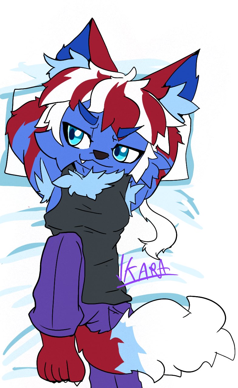 2023 ako_(ikarapopsicle) anthro armpit_hair athletic athletic_anthro athletic_male barefoot bed big_eyes black_clothing black_shirt black_tank_top black_topwear blue_body blue_bottomwear blue_clothing blue_eyes blue_fur blue_pants body_hair bottomwear canid canine cheek_tuft clothed clothing denim denim_clothing facial_tuft feet fluffy fluffy_tail fox fur furniture hair hands_behind_head hi_res ikarapopsicle inner_ear_fluff jeans kemono looking_at_viewer low-angle_view lying male mammal multicolored_body multicolored_fur multicolored_hair neck_tuft on_back on_bed pants paws pillow red_body red_fur red_hair shirt signature smile snaggle_tooth solo tail tank_top topwear tuft two_tone_hair white_body white_fur white_hair worm's-eye_view