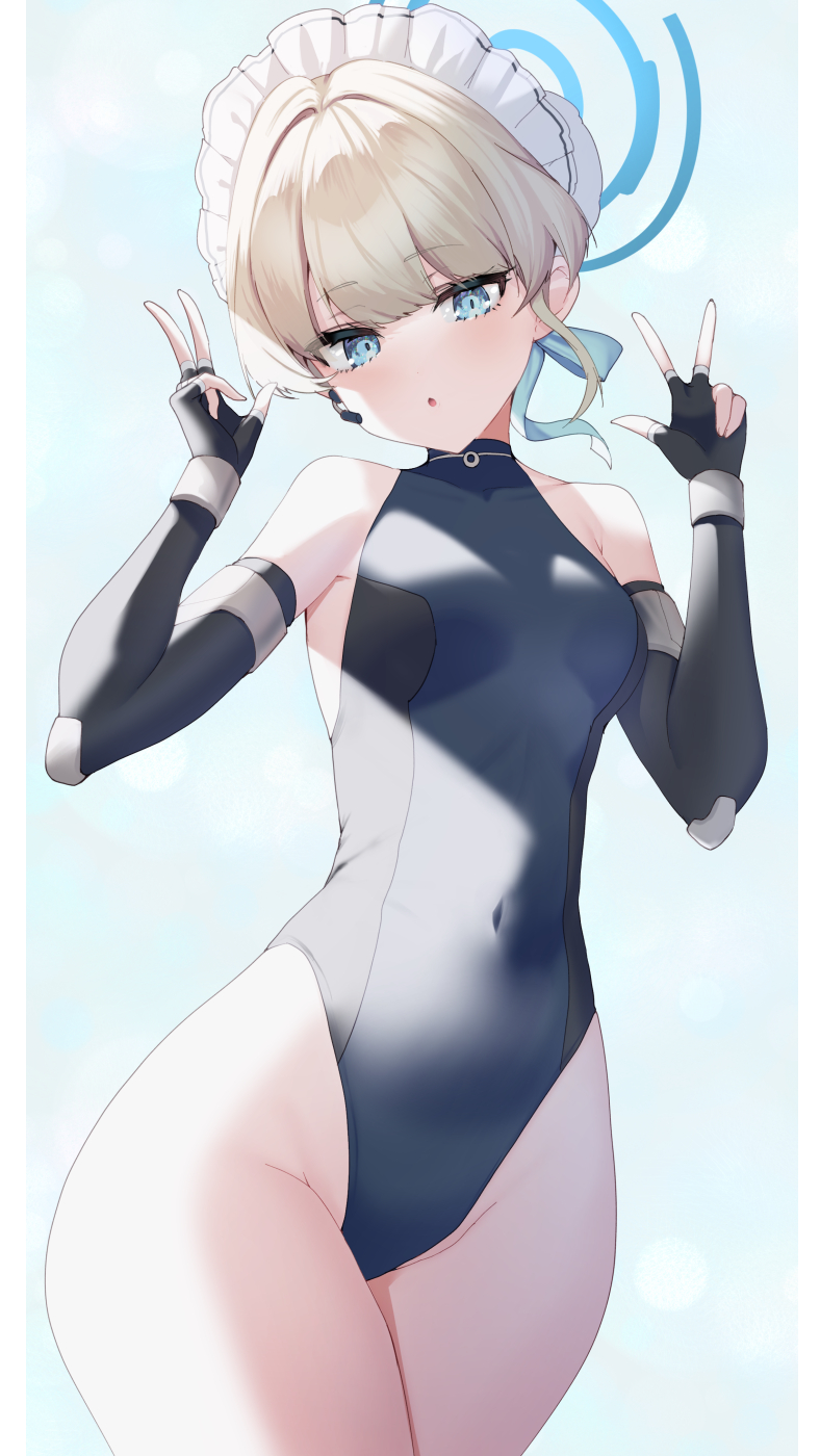 1girl ayuma_sayu black_gloves blonde_hair blue_archive blue_eyes blue_leotard blue_ribbon blush bun_cover covered_navel double_v earpiece elbow_gloves fingerless_gloves gloves hair_bun hair_ribbon halo highleg highleg_leotard highres leotard looking_at_viewer maid_headdress open_mouth ribbon short_hair single_hair_bun sleeveless_turtleneck_leotard solo toki_(blue_archive) two-tone_leotard v