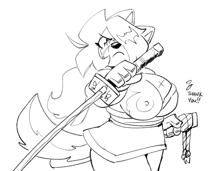 2023 4_fingers anaugi angry anthro areola asian_clothing breasts canid canine canis clothed clothing domestic_dog east_asian_clothing english_text female fingers frown hachimitsu hair hair_over_eye holding_object holding_weapon japanese_clothing katana kimono looking_at_viewer mammal melee_weapon monochrome nipples one_breast_out one_eye_obstructed ponytail scar signature simple_background sketch solo sword sword_sheath text weapon white_background