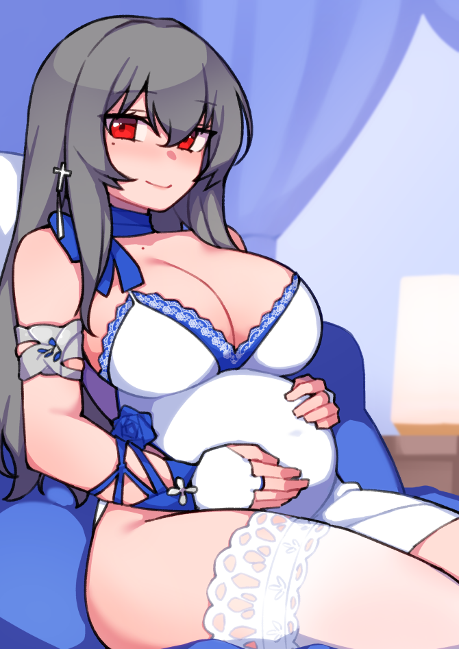 azur_lane belly_rub blue_curtain blue_flower blue_ribbon blue_rose blush breasts dress flower gloves grey_hair hair_ornament hand_on_own_stomach kwaejina lamp large_breasts long_hair mole mole_on_collarbone mole_under_eye pregnant red_eyes ribbon rose saint-louis_(azur_lane) saint-louis_(holy_knight's_resplendence)_(azur_lane) sitting sitting_on_pillow smile thighhighs white_dress white_gloves white_thighhighs