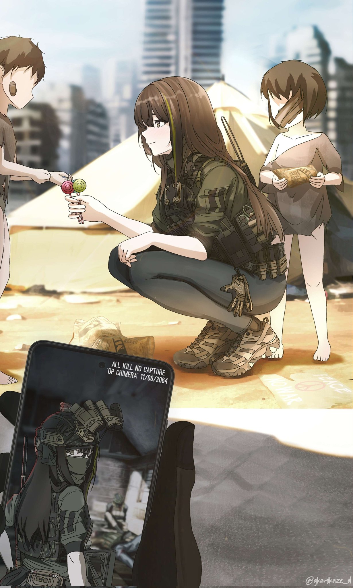 1boy 1other 2girls balaclava bandage_over_one_eye bandaid bandaid_on_face black_gloves bulletproof_vest candy cellphone city day dgkamikaze english_text field_ration food girls'_frontline gloves helmet highres holding holding_candy holding_food holding_lollipop holding_phone lollipop m4a1_(girls'_frontline) military_uniform multiple_girls night_vision night_vision_device phone ruins smartphone tactical_clothes tent twitter_username uniform