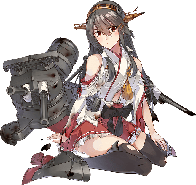1girl black_hair black_thighhighs brown_eyes closed_mouth dazzle_paint full_body hair_between_eyes hair_ornament hairband hairclip haruna_(kancolle) haruna_kai_ni_(kancolle) headgear japanese_clothes kantai_collection konishi_(koconatu) long_hair machinery nontraditional_miko official_art pleated_skirt red_skirt rigging rudder_footwear skirt solo thighhighs torn_clothes torn_skirt torn_thighhighs transparent_background turret