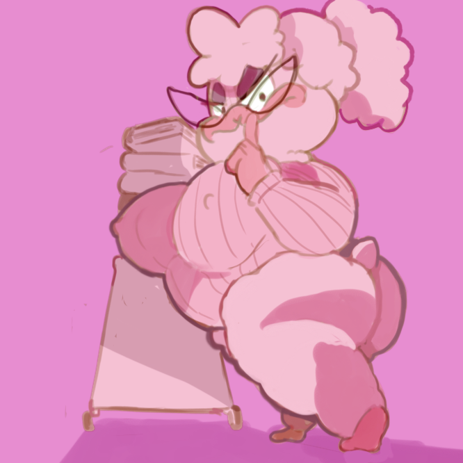 2019 angry anthro big_breasts big_butt book bovid breasts butt caprine clothing colored_sketch eyewear featureless_feet female fur garfield_(series) glasses hair half-closed_eyes jim_davis lanolin_(orson's_farm) librarian mammal narrowed_eyes nipple_outline orson's_farm overweight overweight_female pink_background pink_clothing pink_sweater pink_topwear ponytail shamelesss sheep short_tail shush simple_background sketch solo standing sweater tail thick_thighs topwear wool_(fur)