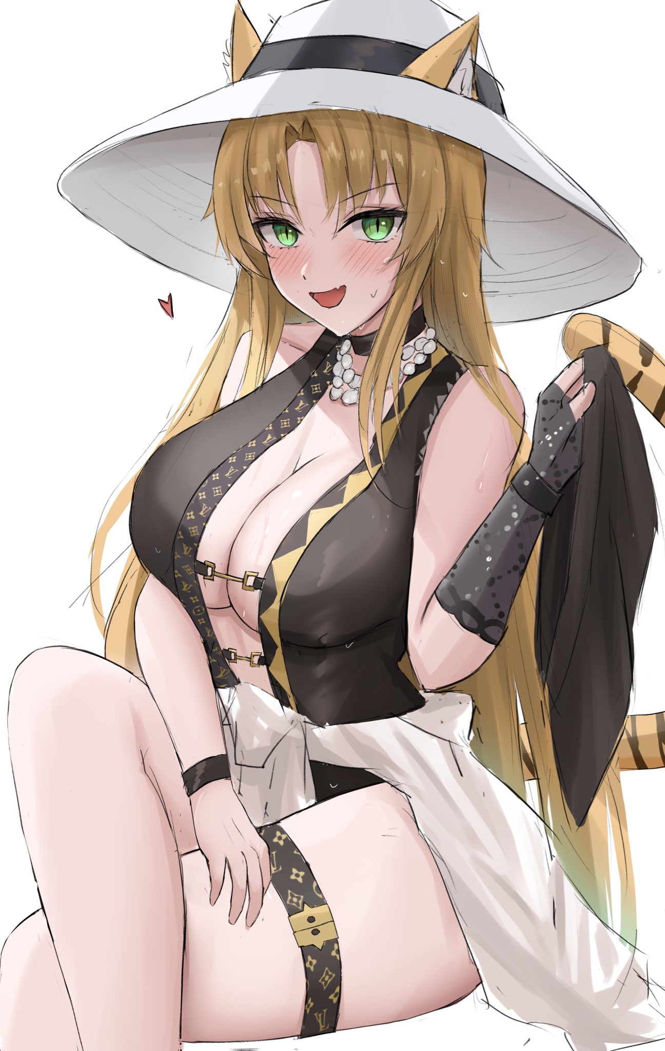 1girl :d animal_ears arknights black_one-piece_swimsuit blonde_hair blush breasts center_opening cleavage clothes_around_waist crossed_legs ears_through_headwear green_eyes hat highres holding_shorts invisible_chair large_breasts long_hair nami_(namikare4) official_alternate_costume one-piece_swimsuit open_mouth shirt shirt_around_waist shorts shorts_removed simple_background sitting smile solo swimsuit swire_(arknights) tail tiger_ears tiger_girl tiger_tail very_long_hair white_background white_headwear