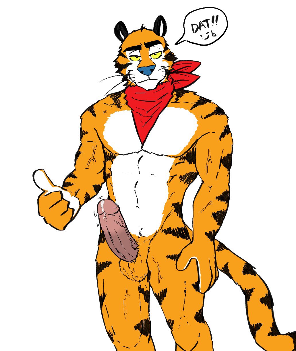 anthro balls bandanna_on_neck big_penis countershade_torso countershading dat_del_luna felid frosted_flakes genitals gesture hi_res kellogg's male mammal mascot muscular muscular_anthro nude pantherine penis simple_background smile solo speech_bubble stripes thumbs_up tiger tony_the_tiger vein white_background