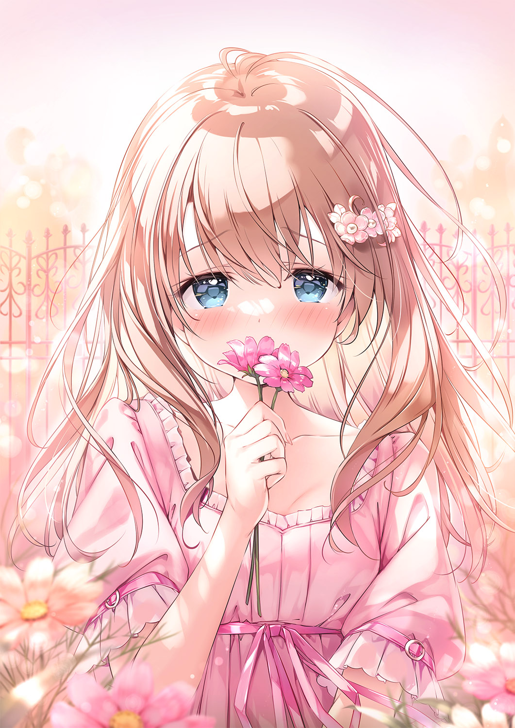 1girl blue_eyes blurry blush breasts covering_mouth depth_of_field dress fire flower frilled_dress frills hair_between_eyes hair_flower hair_ornament highres holding holding_flower kimishima_ao light_brown_hair looking_at_viewer medium_hair original outdoors pink_dress pink_fire pink_ribbon ribbon short_sleeves small_breasts solo tareme upper_body