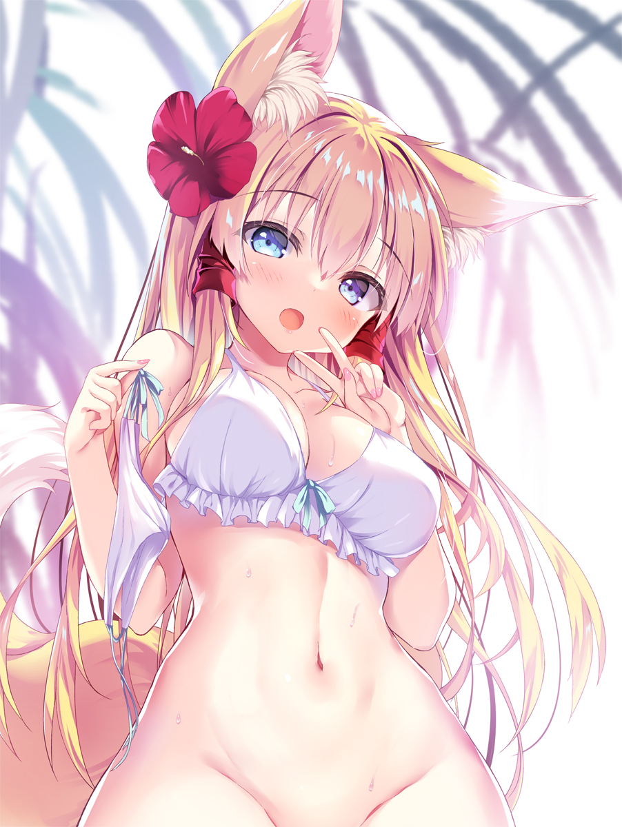 1girl animal_ear_fluff animal_ears bare_arms bare_shoulders bikini bikini_bottom_removed blonde_hair blue_eyes blush bottomless breasts cleavage collarbone commentary_request flower fox_ears fox_girl fox_tail frilled_bikini frills groin hair_between_eyes hair_flower hair_ornament heterochromia highres long_hair looking_at_viewer medium_breasts navel open_mouth original out-of-frame_censoring purple_eyes red_flower solo swimsuit tail tateha_(marvelous_grace) v_over_mouth very_long_hair white_bikini