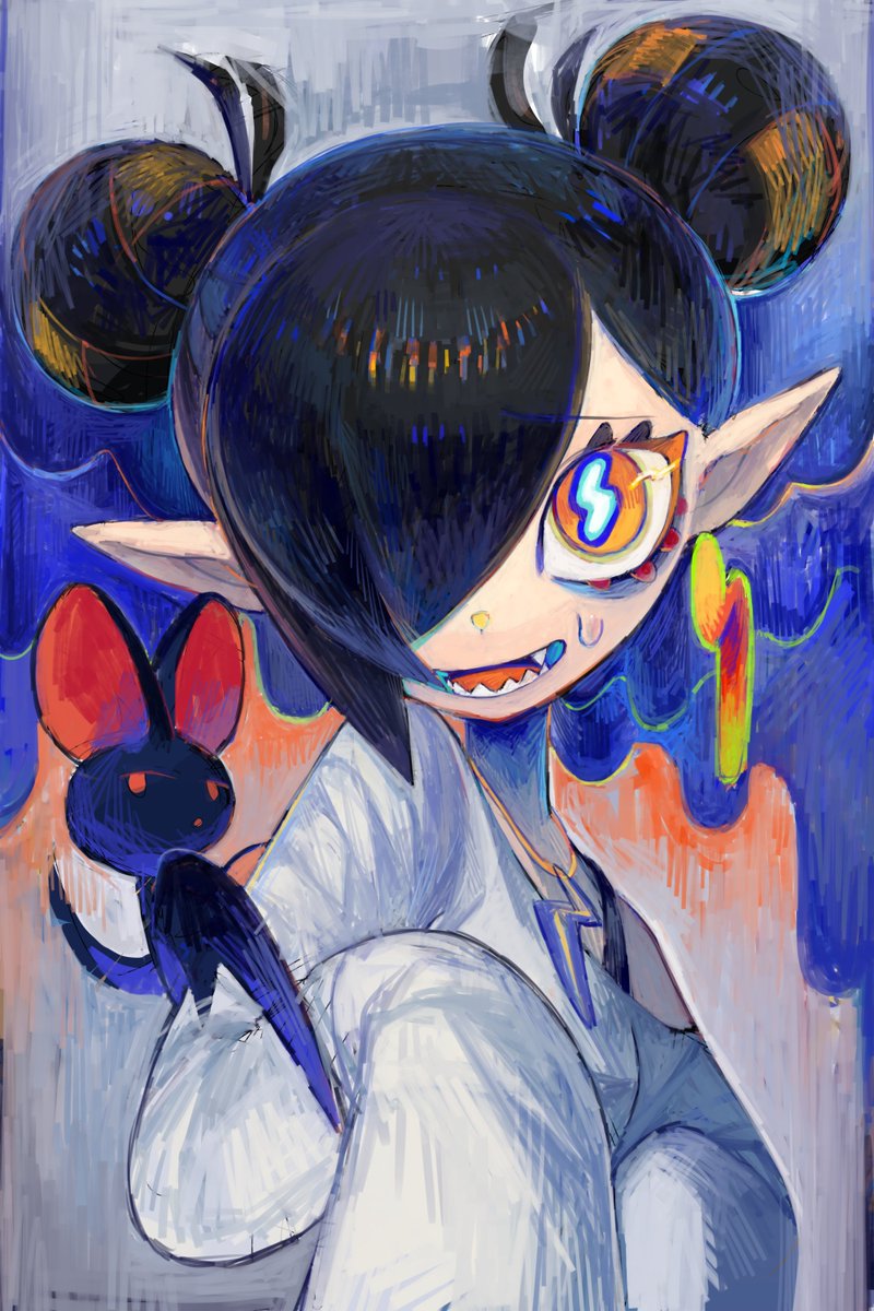 1girl abstract_background bat_(animal) bat_wings black_hair black_straps bright_pupils double_bun earrings eyelashes fang hair_bun hair_over_one_eye hands_up highres jewelry lightning_bolt_symbol long_bangs long_sleeves looking_at_viewer makeup mascara mob_face necklace nedoco nervous nervous_sweating off-shoulder_shirt off_shoulder open_mouth orange_eyes original paw_pose pet pointy_ears sharp_teeth shirt short_hair single_earring sleeves_past_fingers sleeves_past_wrists smile solo_focus strap sweat sweatdrop swept_bangs symbol-shaped_pupils teeth thick_eyelashes tongue upper_body very_long_sleeves white_shirt wings