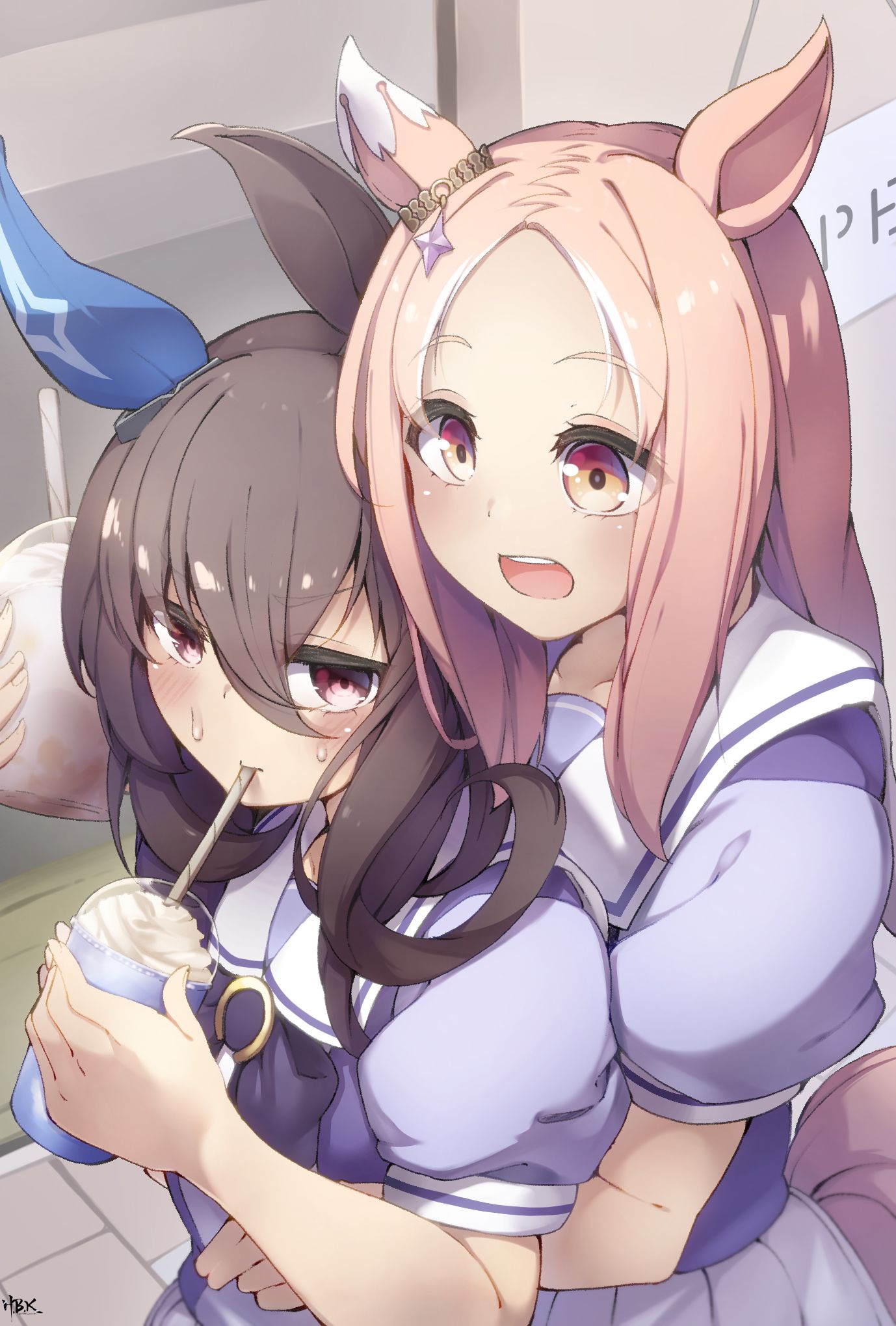 2girls admire_vega_(umamusume) alternate_hair_length alternate_hairstyle animal_ears blonde_hair bow bowtie brown_eyes brown_hair commentary_request cup disposable_cup drinking_straw drinking_straw_in_mouth ear_covers ear_ornament hair_between_eyes height_difference hibiki_(zerocodo) highres holding holding_cup horse_ears horse_girl long_hair medium_hair multicolored_hair multiple_girls narita_top_road_(umamusume) puffy_short_sleeves puffy_sleeves purple_bow purple_bowtie purple_eyes purple_shirt sailor_collar sailor_shirt school_uniform shirt short_sleeves sidelocks signature single_ear_cover streaked_hair summer_uniform sweatdrop tail tracen_school_uniform umamusume white_hair white_sailor_collar yellow_eyes