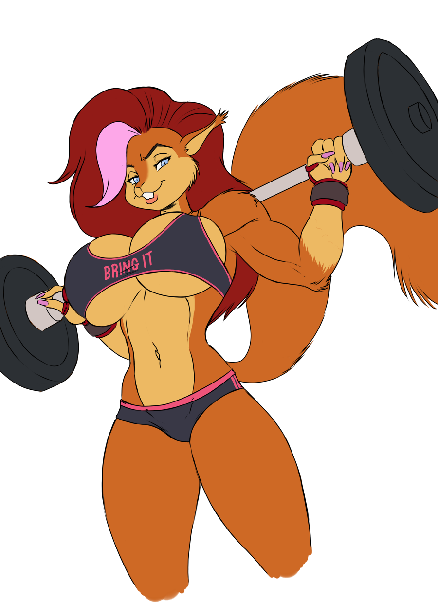 2023 alpha_channel anthro arm_warmers armwear barbell big_breasts blue_eyes breasts brown_body brown_fur buckteeth chochi clothed clothing eurasian_red_squirrel female fur hair hi_res looking_at_viewer mammal marika_(teer) muscular_arms painted_claws pink_hair red_hair rodent sciurid simple_background solo tan_body tan_fur teeth transparent_background tree_squirrel