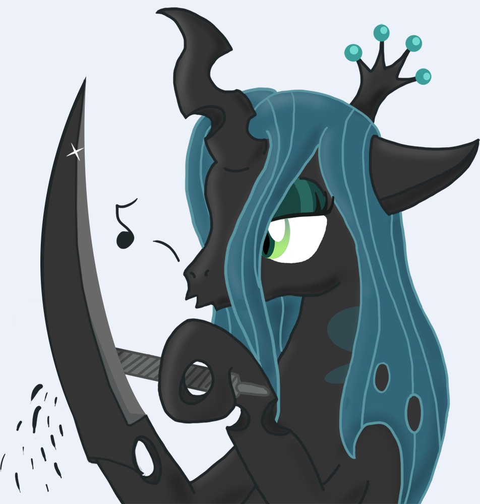 arthropod blade blade_arm changeling female feral file friendship_is_magic green_eyes green_hair hair hasbro horn long_hair my_little_pony queen_chrysalis_(mlp) simple_background solo third-party_edit trypophobia what_has_magic_done whistle white_background wolferahm