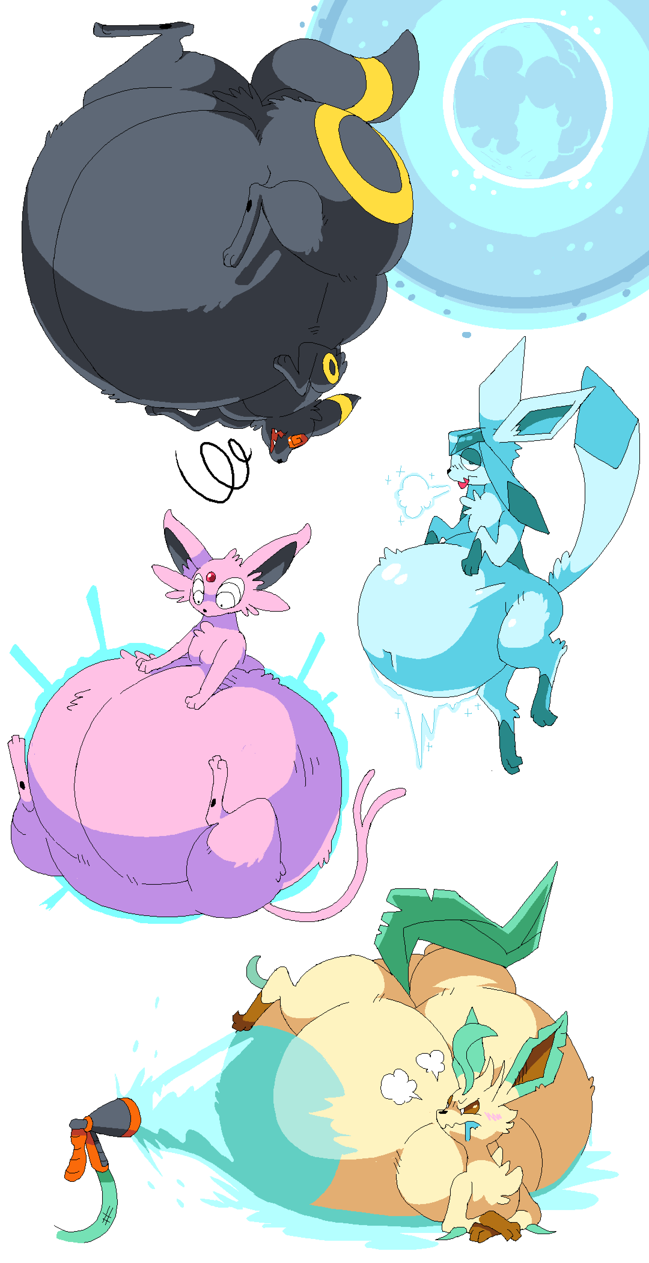 absurd_res ambiguous_gender belly big_belly black_body black_fur blue_body blue_fur brown_eyes eeveelution espeon feral fur generation_2_pokemon generation_4_pokemon glaceon group hi_res hose hyper hyper_belly inflation leafeon liquid_inflation markings nintendo pink_body pink_fur pokemon pokemon_(species) pukupukudragon red_eyes simple_background spiral_eyes surprise tail umbreon water_inflation wide_eyed yellow_body yellow_fur