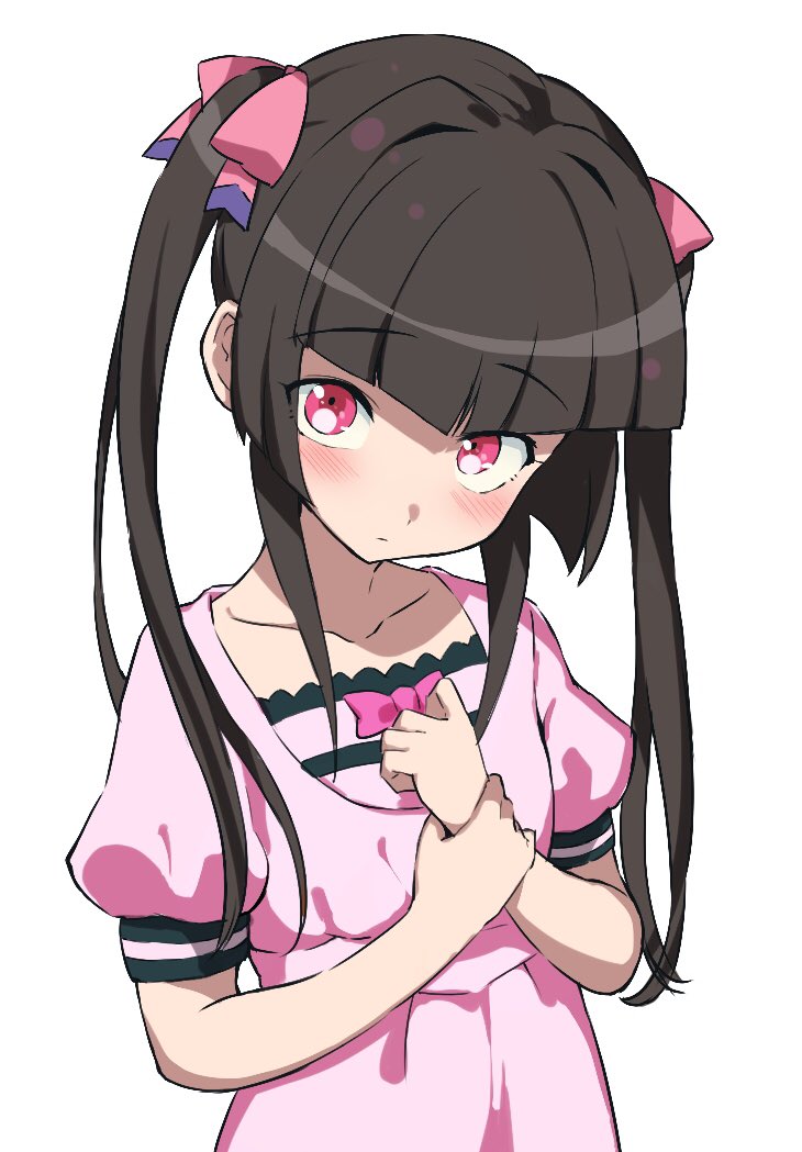 1girl black_hair blush chupirinko commentary_request dress hair_ornament hair_ribbon long_hair looking_at_viewer pink_dress pink_eyes ribbon senki_zesshou_symphogear simple_background solo standing tsukuyomi_shirabe twintails white_background