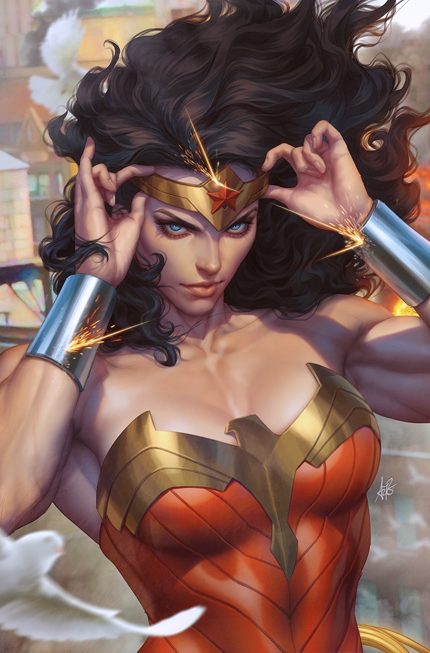 1girl armpit_crease bare_shoulders bird black_hair blue_eyes blurry blurry_background breasts circlet cleavage collarbone dc_comics diana_prince dove gauntlets highres light_smile lips long_hair looking_at_viewer mature_female official_art parted_lips realistic signature solo stanley_lau strapless wonder_woman