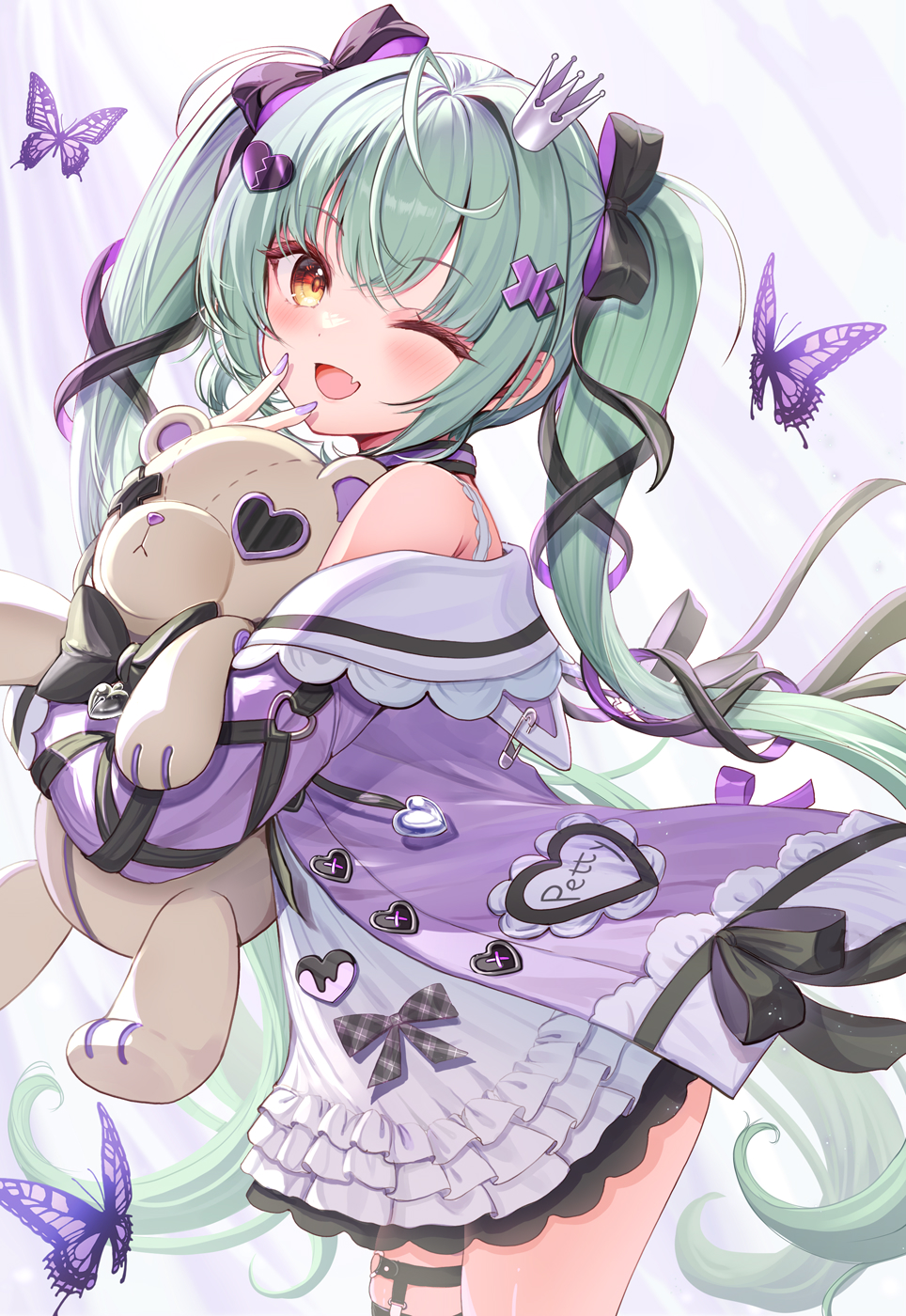 1girl akabane_(zebrasmise) bare_shoulders black_bow black_collar black_ribbon blush bow bug butterfly buttons collar commentary_request cowboy_shot crown dress fang frilled_dress frills green_hair hair_ornament hair_ribbon heart heart_button heart_hair_ornament highres holding holding_stuffed_toy jacket long_hair long_sleeves mahoroba mini_crown nemori_petty o-ring o-ring_thigh_strap one_eye_closed open_clothes open_jacket purple_butterfly purple_jacket purple_nails ribbon skin_fang solo stuffed_animal stuffed_toy teddy_bear thigh_strap twintails very_long_hair virtual_youtuber white_dress x_hair_ornament yellow_eyes