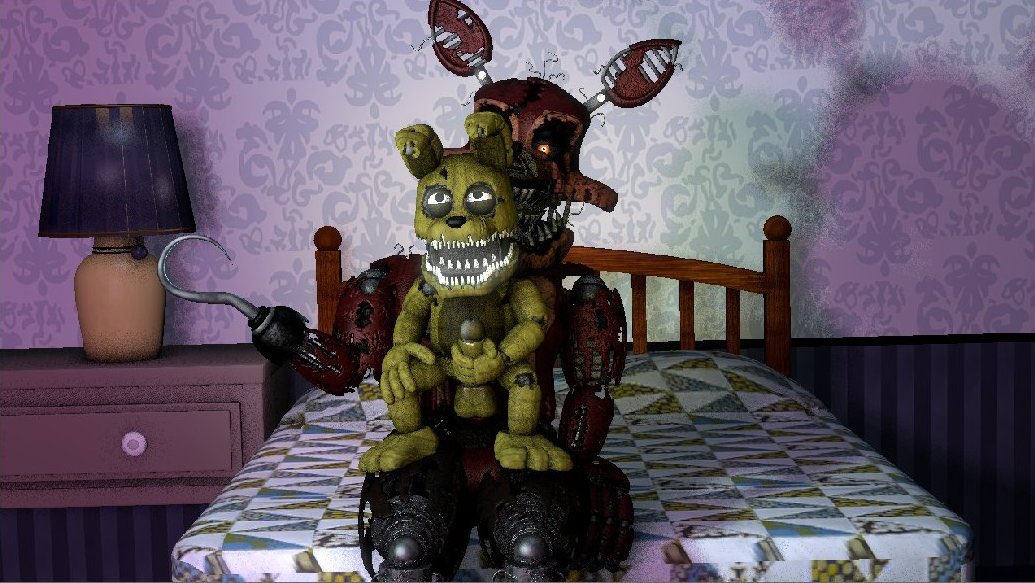 3d_(artwork) anal anal_penetration animatronic bed big_dom_small_sub black_eyes canid canine claws digital_media_(artwork) dominant duo five_nights_at_freddy's five_nights_at_freddy's_4 fox foxofnightmares furniture green_body hook humanoid hypersstash6000 lagomorph leporid machine male male/male mammal masturbation nightmare_foxy_(fnaf) on_lap penetration pirate plushtrap_(fnaf) rabbit red_body robot scottgames sharp_claws sharp_teeth sitting_on_lap size_difference smaller_male teeth yellow_eyes